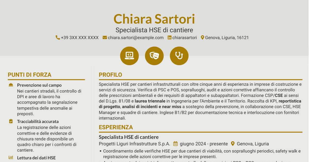 7 modelli di CV per Assistente al CSE / HSE Specialist - Cantieri infrastrutturali, con esempi