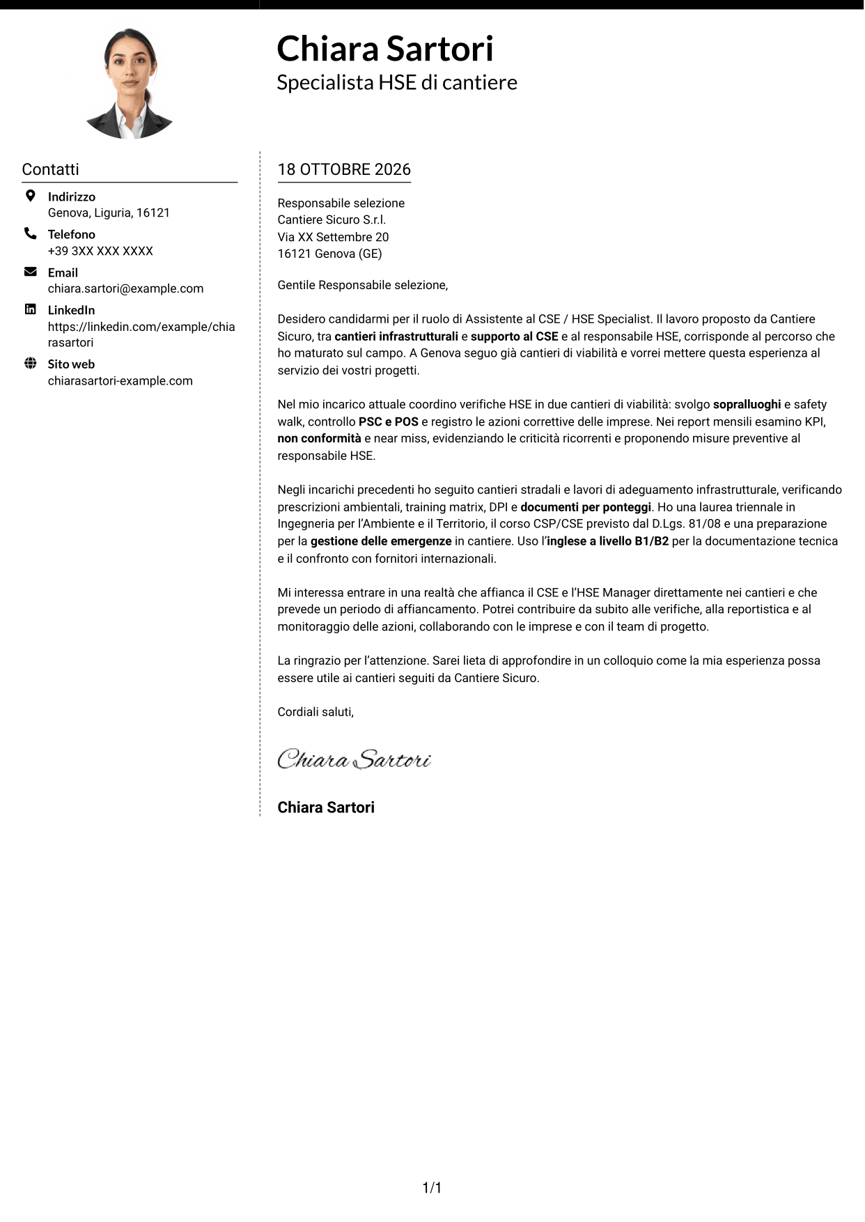 Lettera di presentazione Moderno (formato a due colonne con foto a sinistra e separatore): Assistente al CSE / HSE Specialist - Cantieri infrastrutturali, pagina 1