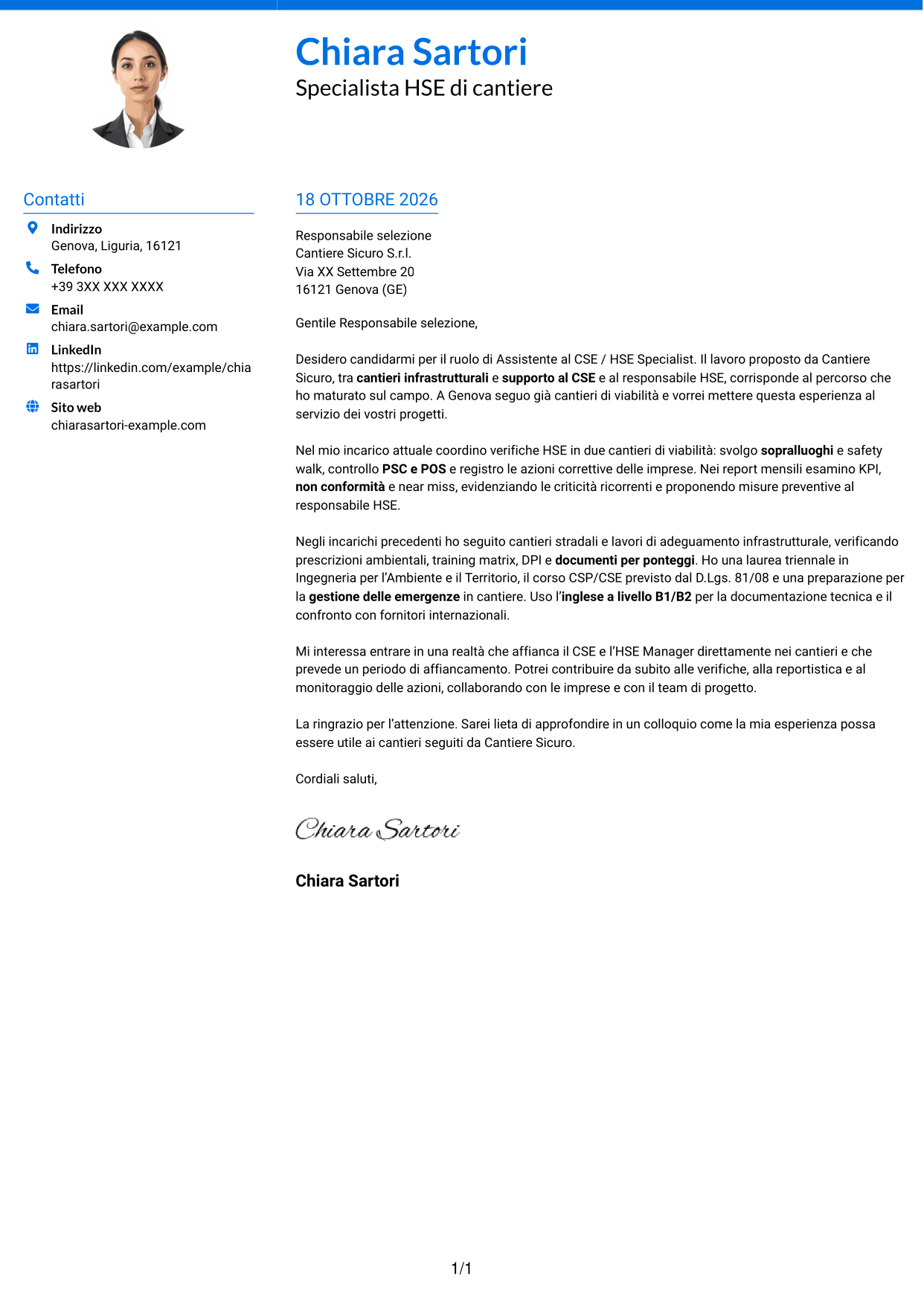 Lettera di presentazione Audace (formato a due colonne con accenti colorati e foto): Assistente al CSE / HSE Specialist - Cantieri infrastrutturali, pagina 1