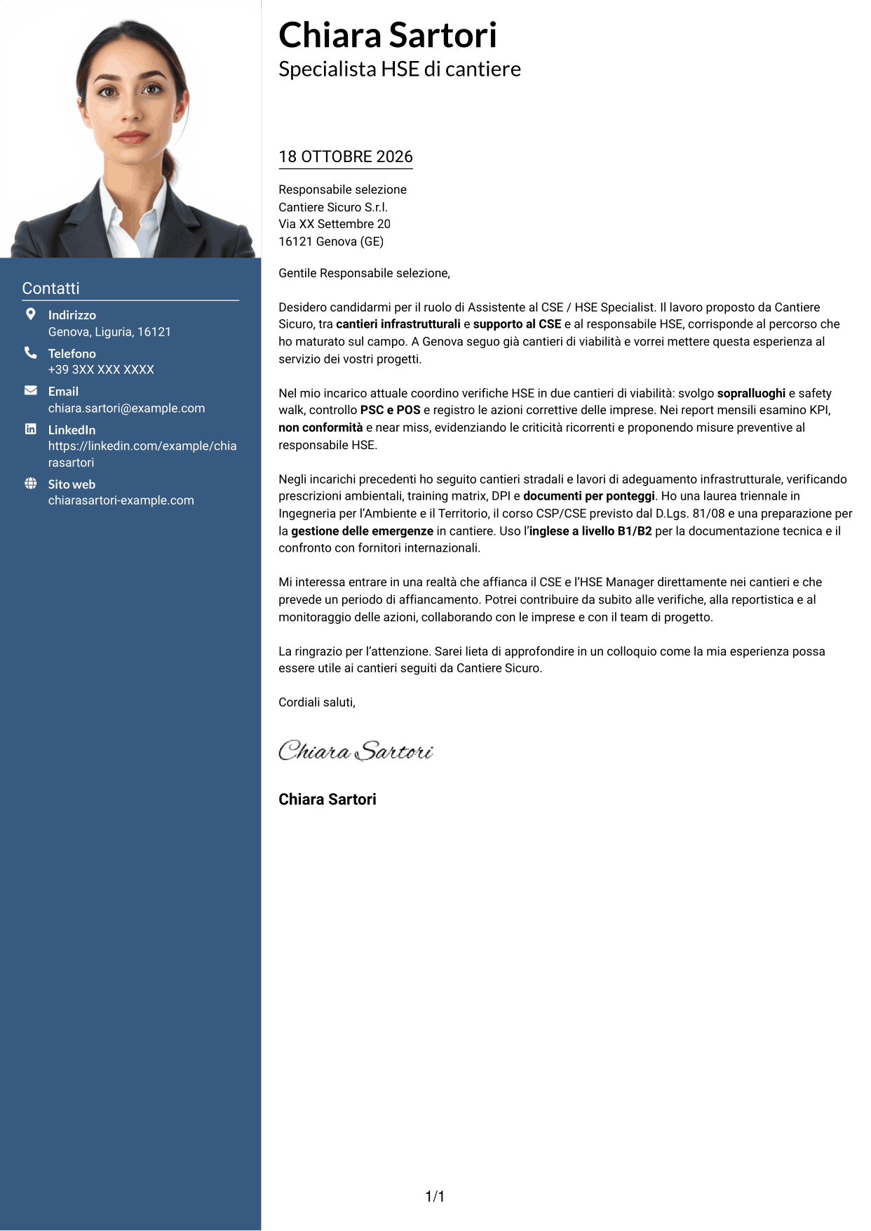 Lettera di presentazione Signature (formato con colonna laterale colorata e foto grande): Assistente al CSE / HSE Specialist - Cantieri infrastrutturali, pagina 1