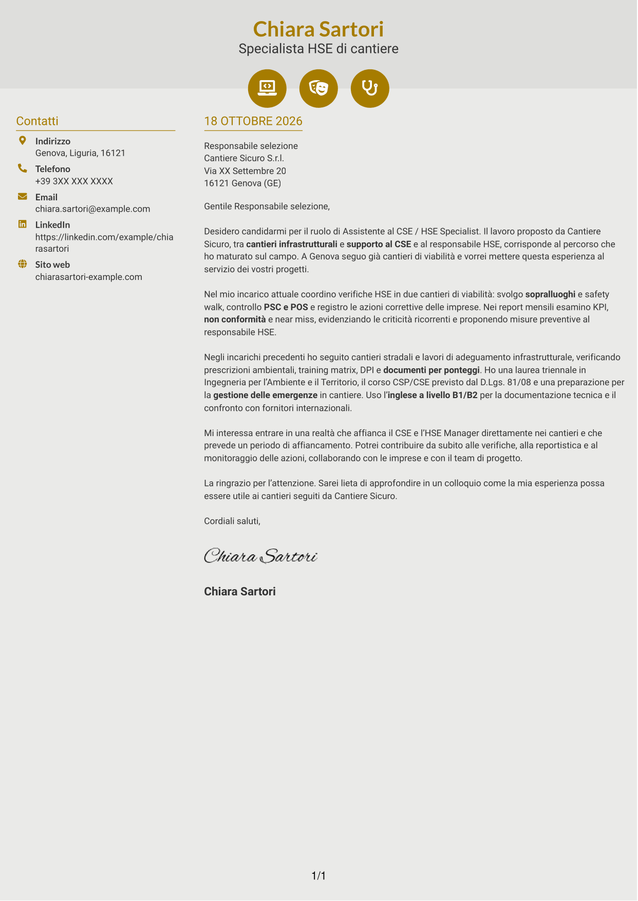 Lettera di presentazione Dinamico (formato a due colonne con icone): Assistente al CSE / HSE Specialist - Cantieri infrastrutturali, pagina 1