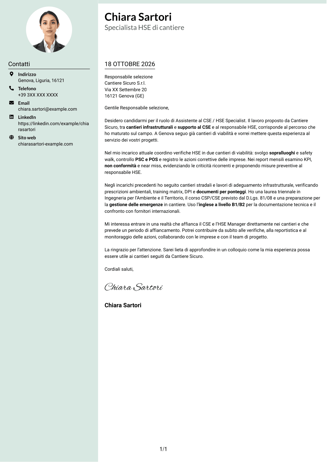 Lettera di presentazione Dirigente (formato con colonna laterale tenue e foto arrotondata): Assistente al CSE / HSE Specialist - Cantieri infrastrutturali, pagina 1