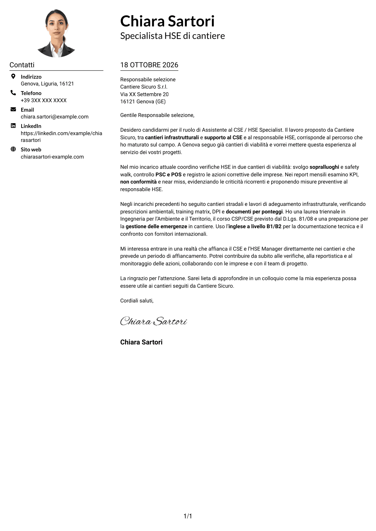Esempio di lettera di presentazione — pagina 1