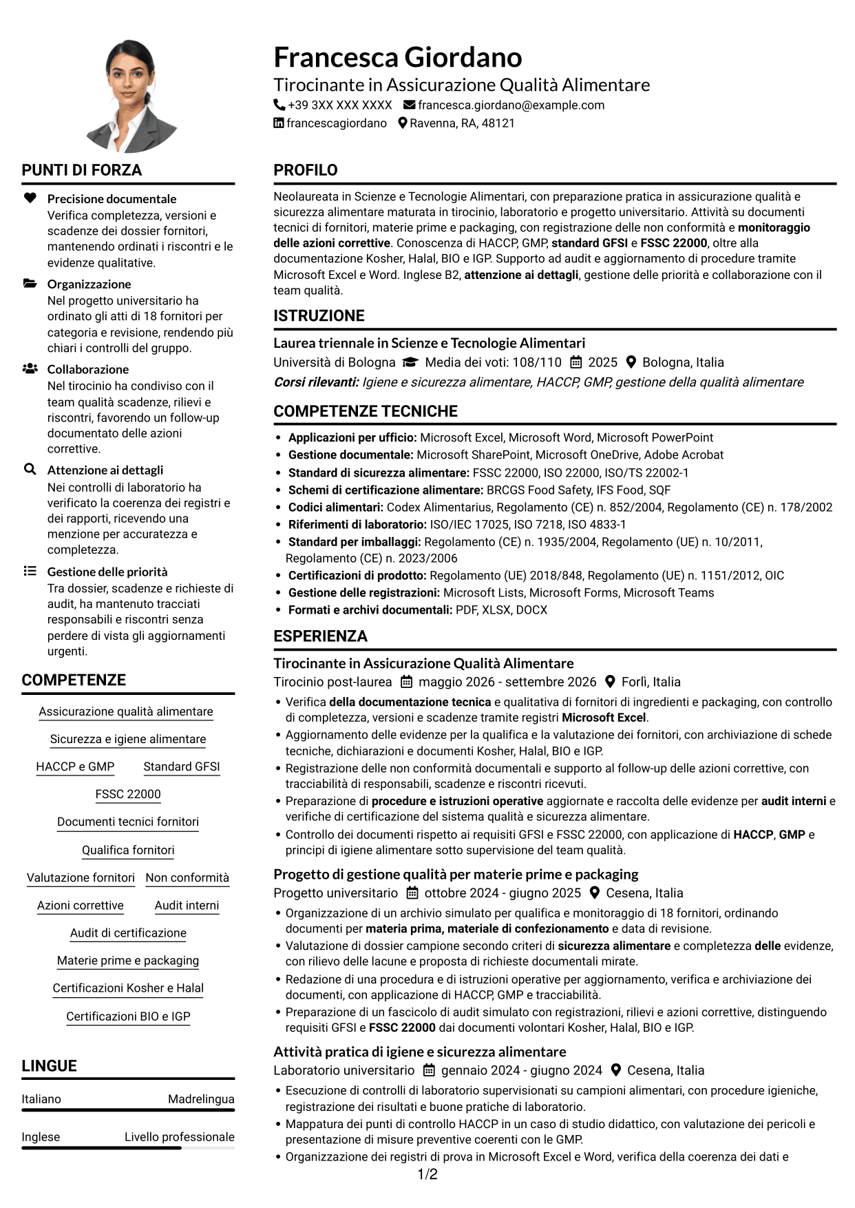 Esempio di curriculum — pagina 1