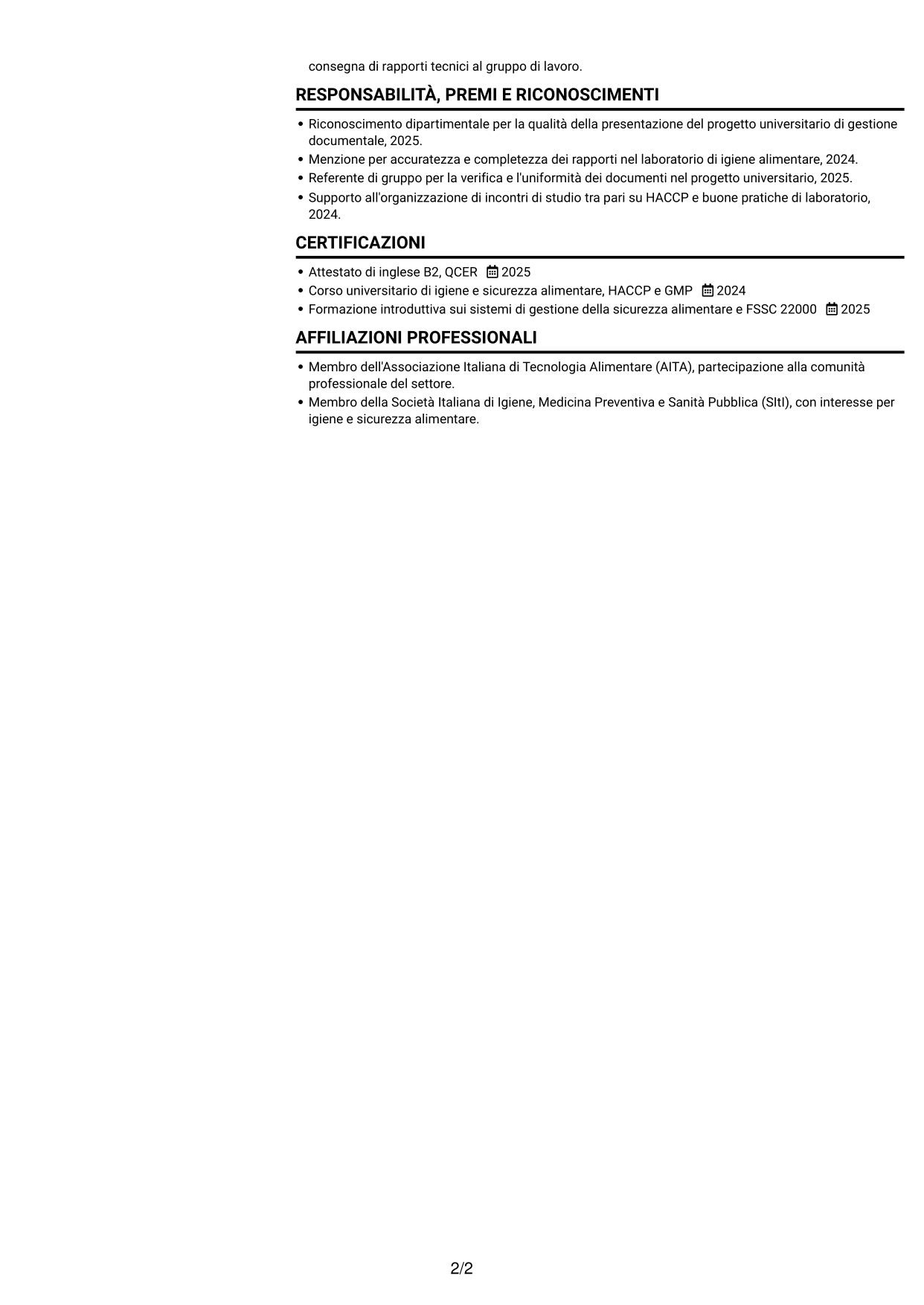 CV Compatto (formato sobrio a due colonne con foto): Assistente Assicurazione Qualità - Materie prime e packaging, pagina 2