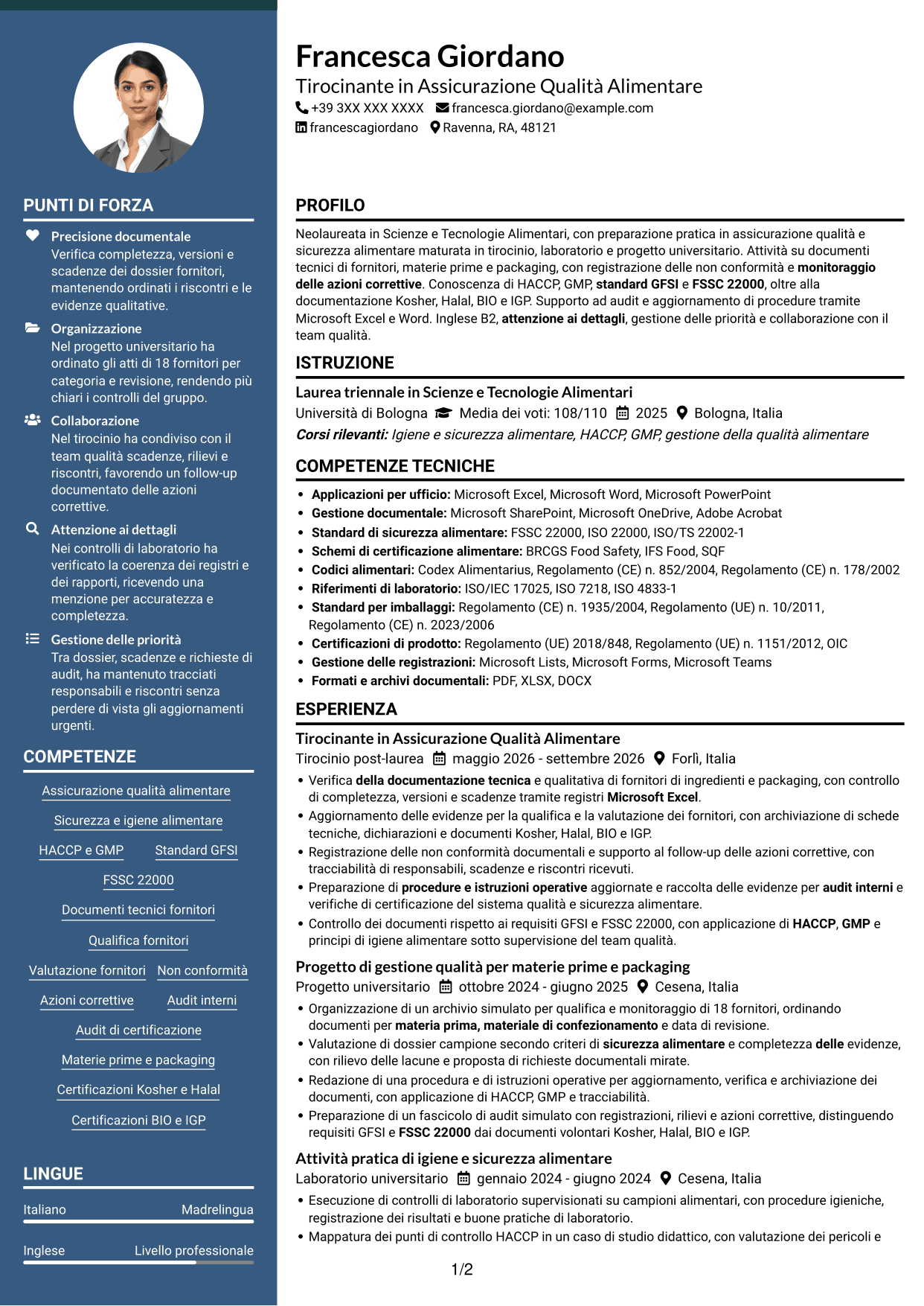 CV Elegante (formato con colonna laterale colorata e foto): Assistente Assicurazione Qualità - Materie prime e packaging, pagina 1