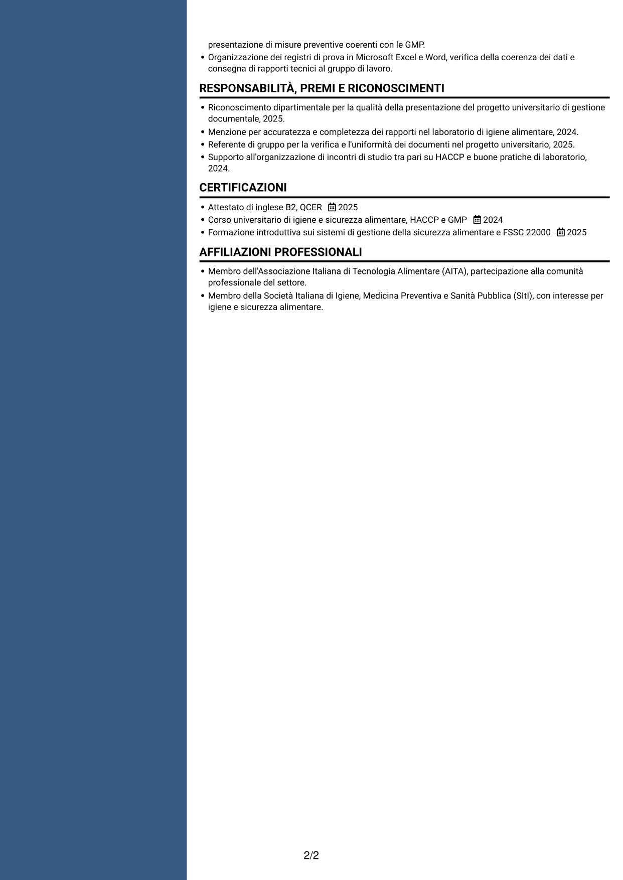 CV Elegante (formato con colonna laterale colorata e foto): Assistente Assicurazione Qualità - Materie prime e packaging, pagina 2