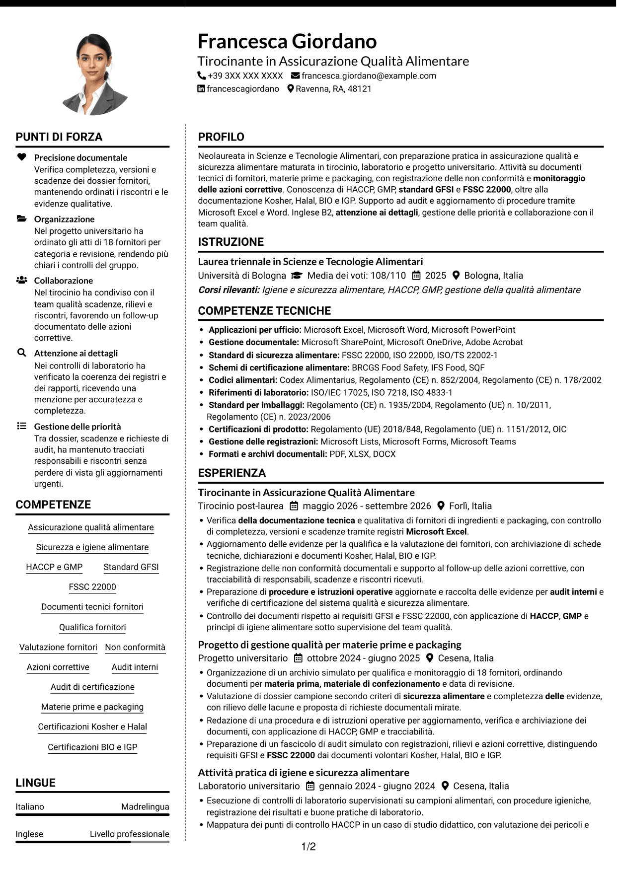 CV Moderno (formato a due colonne con foto a sinistra e separatore): Assistente Assicurazione Qualità - Materie prime e packaging, pagina 1