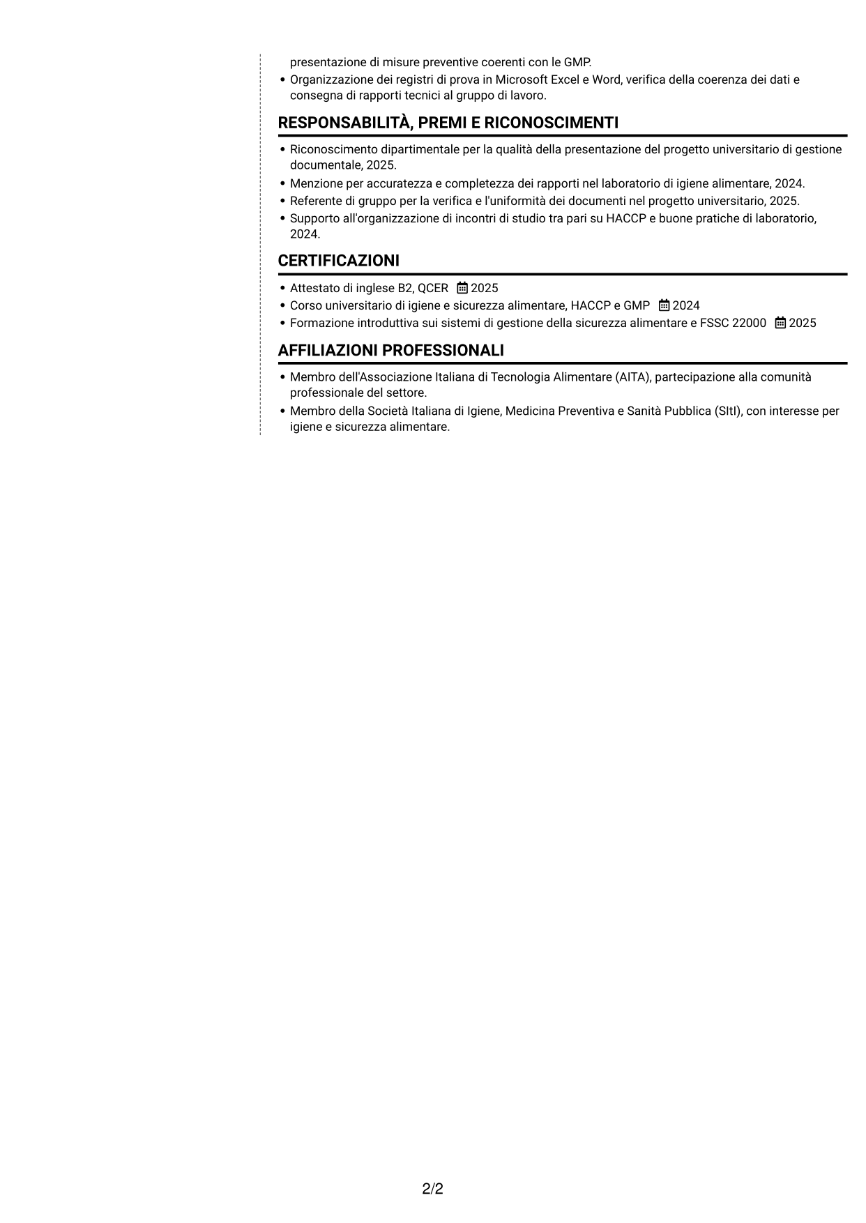CV Moderno (formato a due colonne con foto a sinistra e separatore): Assistente Assicurazione Qualità - Materie prime e packaging, pagina 2