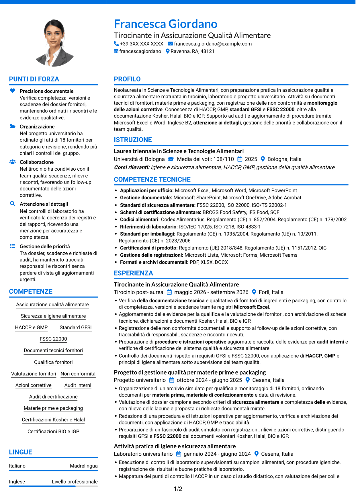 CV Audace (formato a due colonne con accenti colorati e foto): Assistente Assicurazione Qualità - Materie prime e packaging, pagina 1