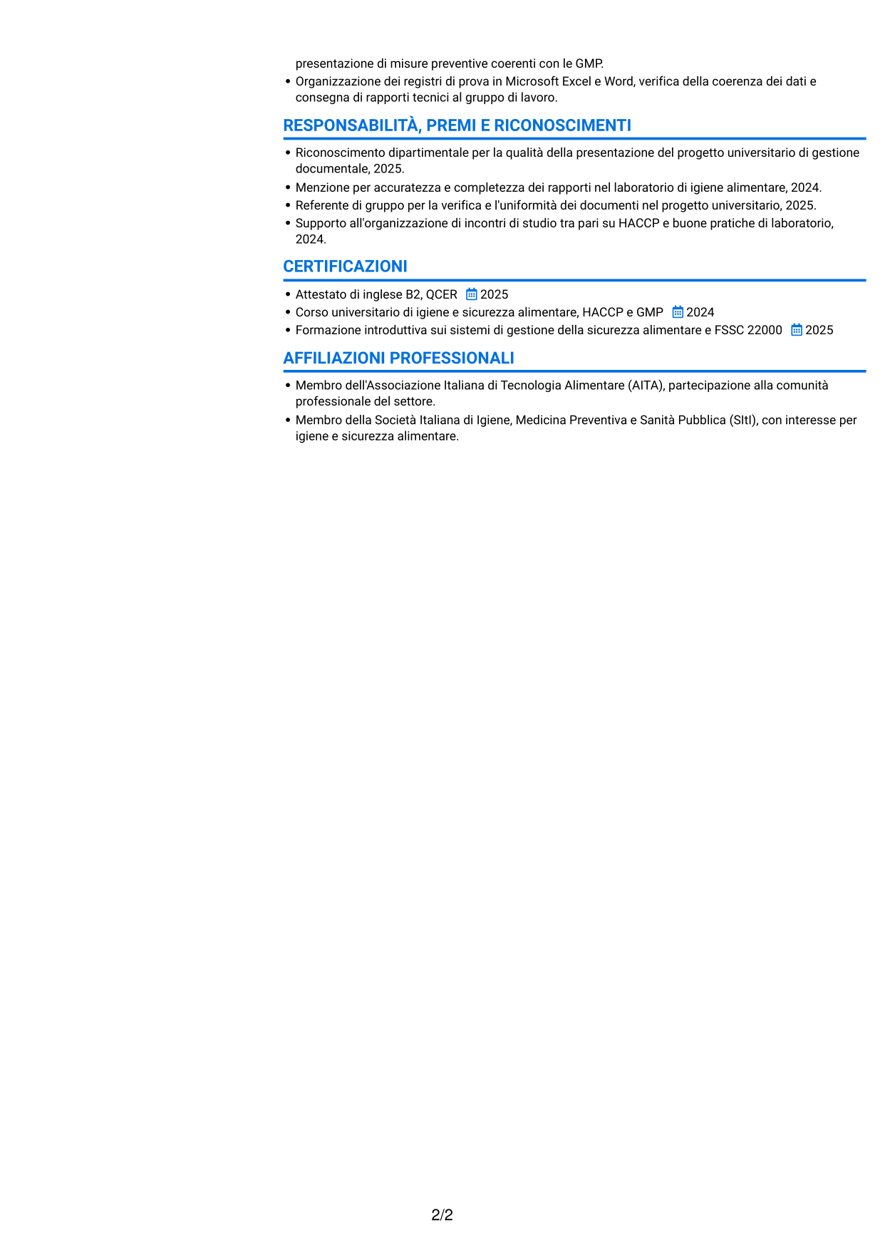 CV Audace (formato a due colonne con accenti colorati e foto): Assistente Assicurazione Qualità - Materie prime e packaging, pagina 2