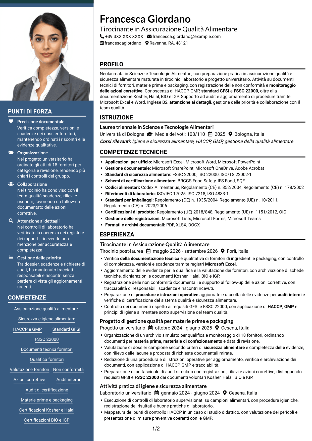 CV Signature (formato con colonna laterale colorata e foto grande): Assistente Assicurazione Qualità - Materie prime e packaging, pagina 1