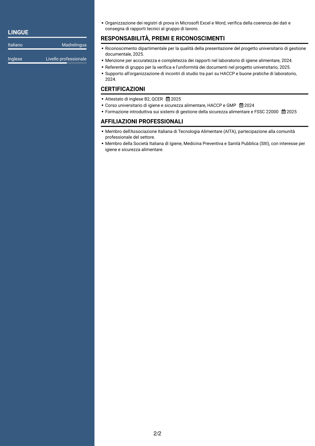 CV Signature (formato con colonna laterale colorata e foto grande): Assistente Assicurazione Qualità - Materie prime e packaging, pagina 2