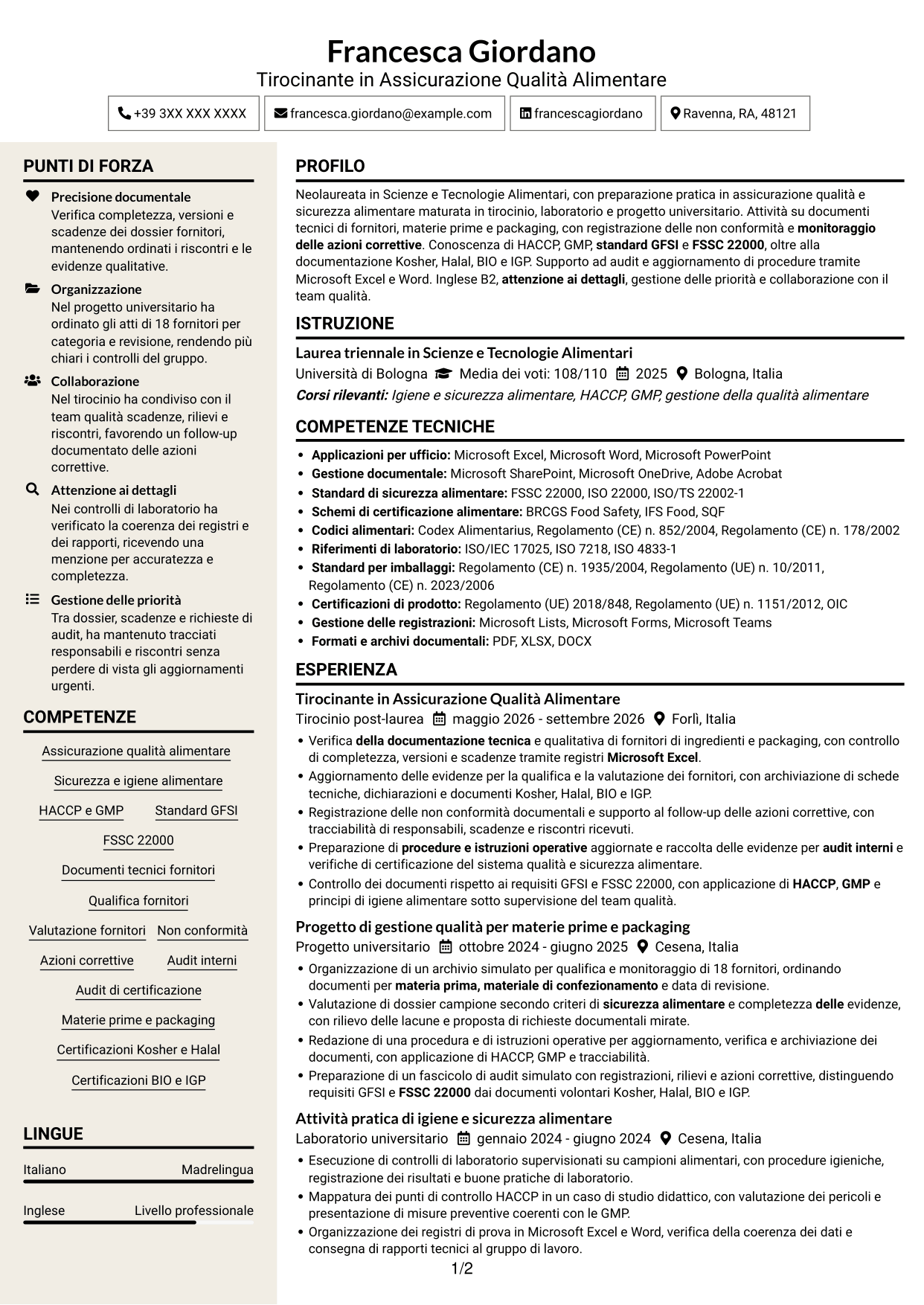 CV Intraprendente (formato a due colonne con intestazione centrata senza foto): Assistente Assicurazione Qualità - Materie prime e packaging, pagina 1
