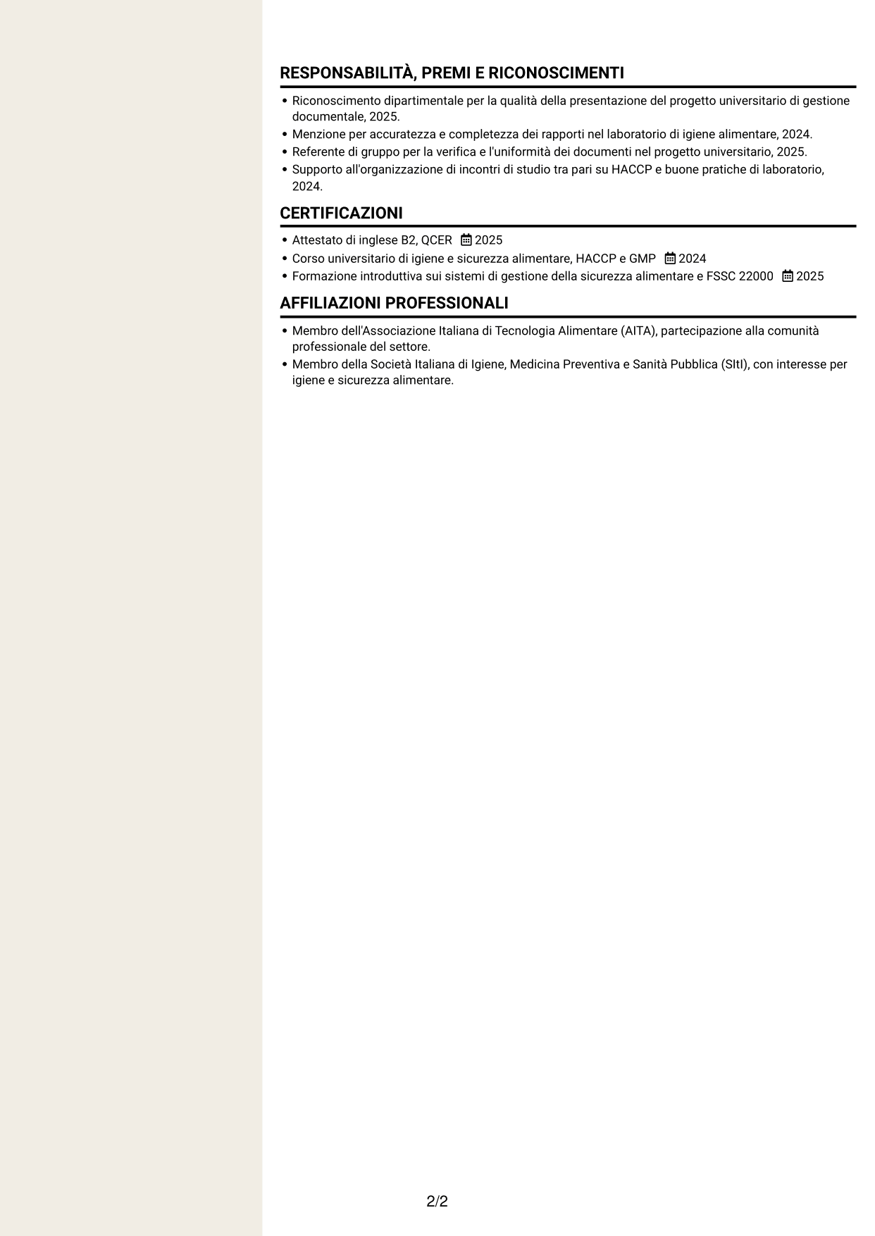 CV Intraprendente (formato a due colonne con intestazione centrata senza foto): Assistente Assicurazione Qualità - Materie prime e packaging, pagina 2