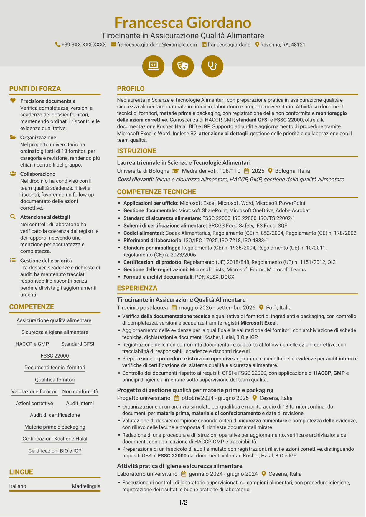 CV Dinamico (formato a due colonne con icone): Assistente Assicurazione Qualità - Materie prime e packaging, pagina 1