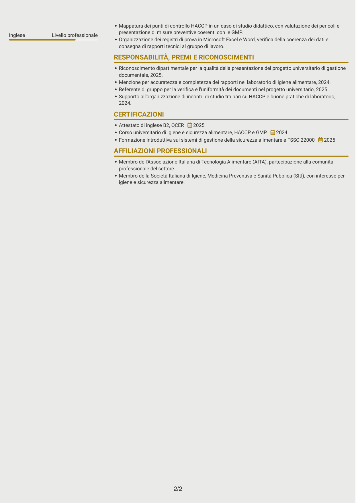 CV Dinamico (formato a due colonne con icone): Assistente Assicurazione Qualità - Materie prime e packaging, pagina 2