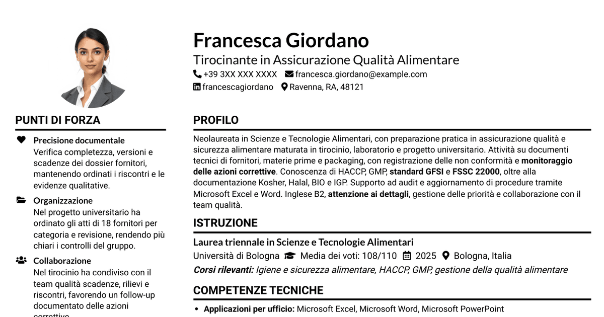 7 modelli di CV per Assistente Assicurazione Qualità - Materie prime e packaging, con esempi