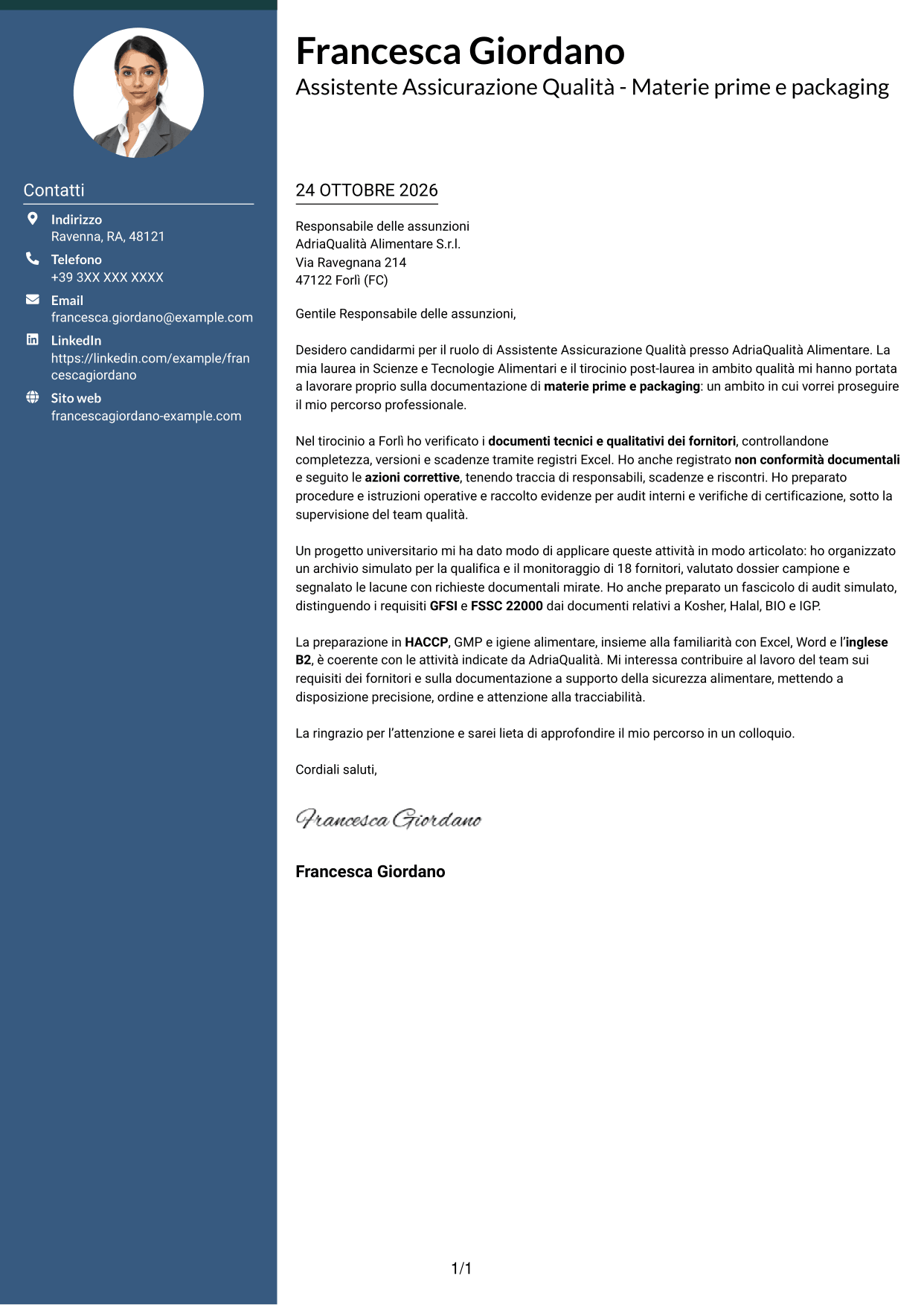 Lettera di presentazione Elegante (formato con colonna laterale colorata e foto): Assistente Assicurazione Qualità - Materie prime e packaging, pagina 1