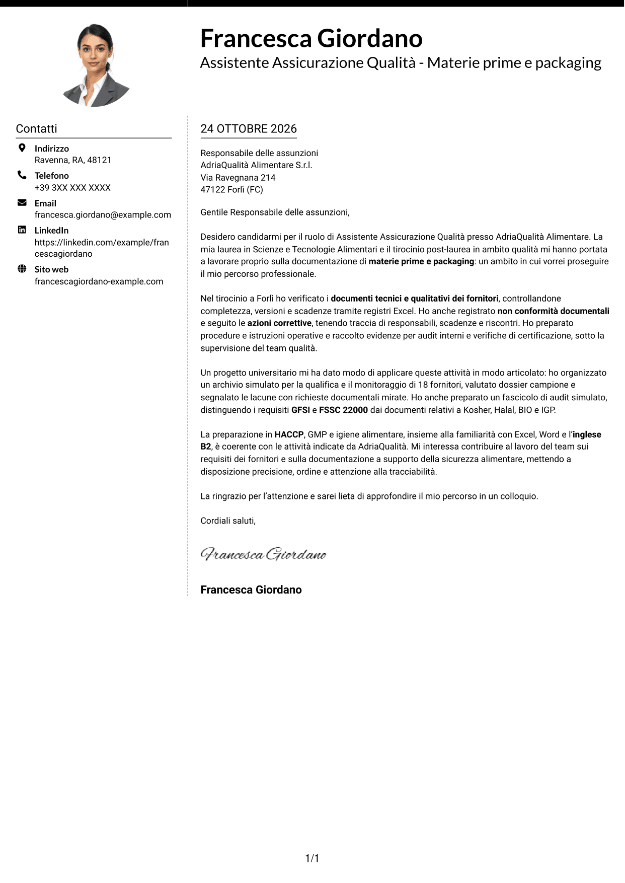 Lettera di presentazione Moderno (formato a due colonne con foto a sinistra e separatore): Assistente Assicurazione Qualità - Materie prime e packaging, pagina 1