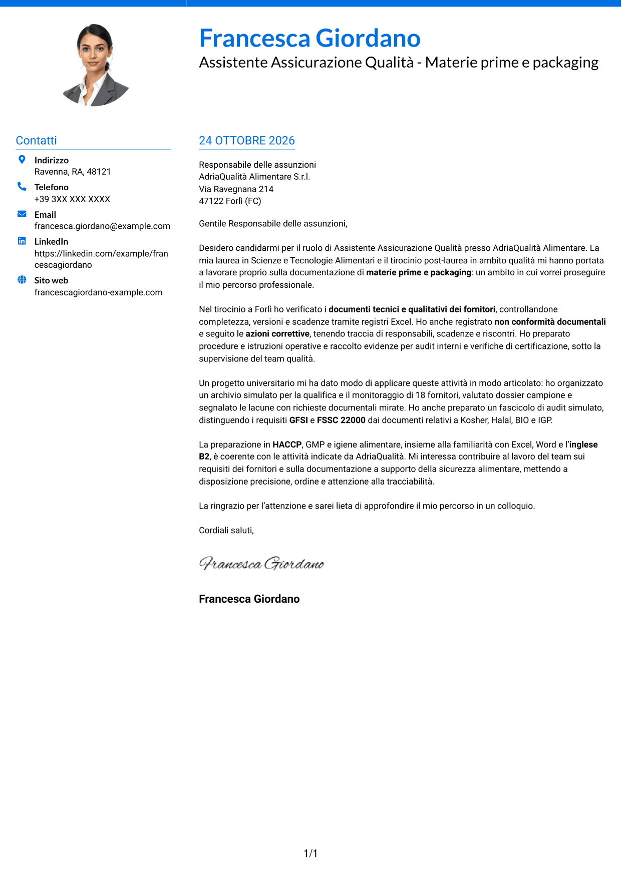 Lettera di presentazione Audace (formato a due colonne con accenti colorati e foto): Assistente Assicurazione Qualità - Materie prime e packaging, pagina 1