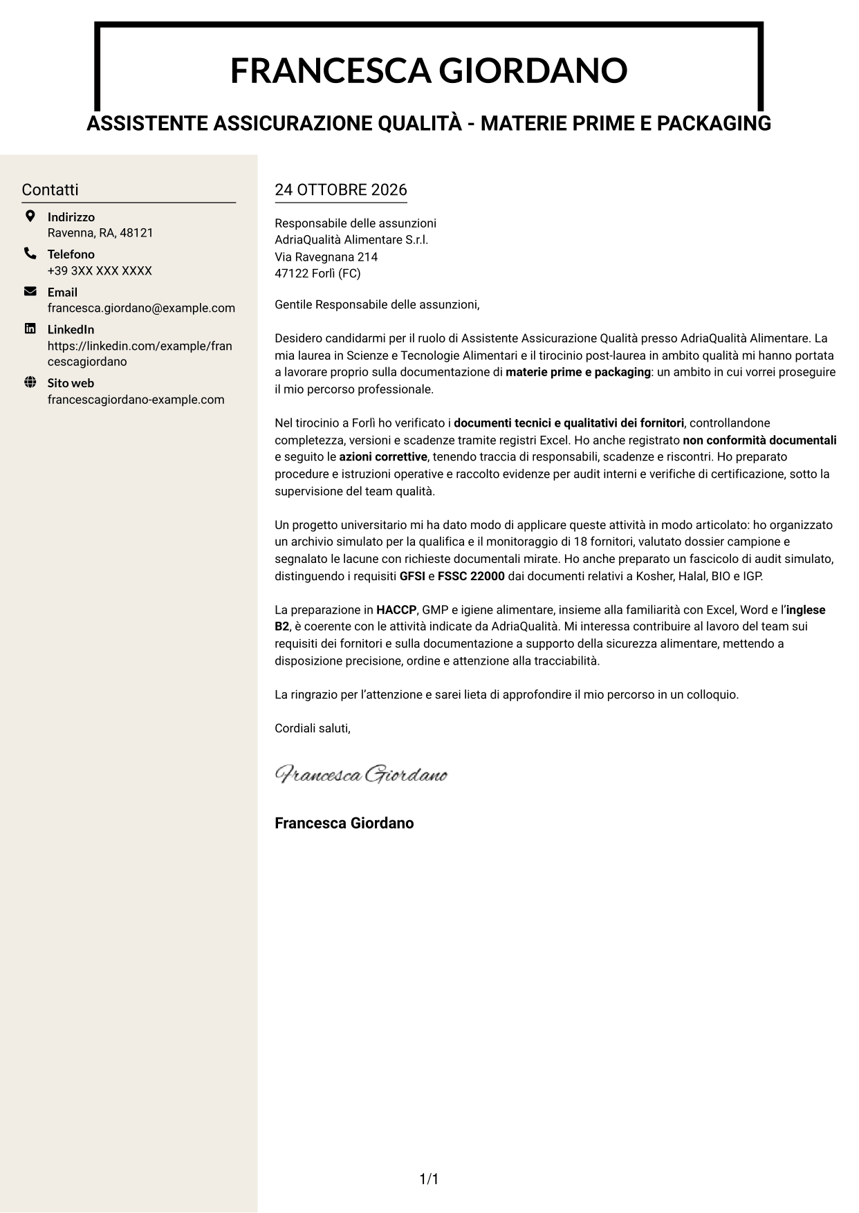 Lettera di presentazione Intraprendente (formato a due colonne con intestazione centrata senza foto): Assistente Assicurazione Qualità - Materie prime e packaging, pagina 1