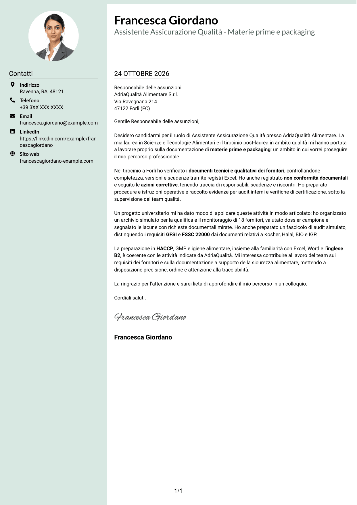 Lettera di presentazione Dirigente (formato con colonna laterale tenue e foto arrotondata): Assistente Assicurazione Qualità - Materie prime e packaging, pagina 1