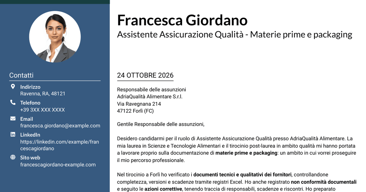 7 modelli di lettera di presentazione per Assistente Assicurazione Qualità - Materie prime e packaging, con esempi