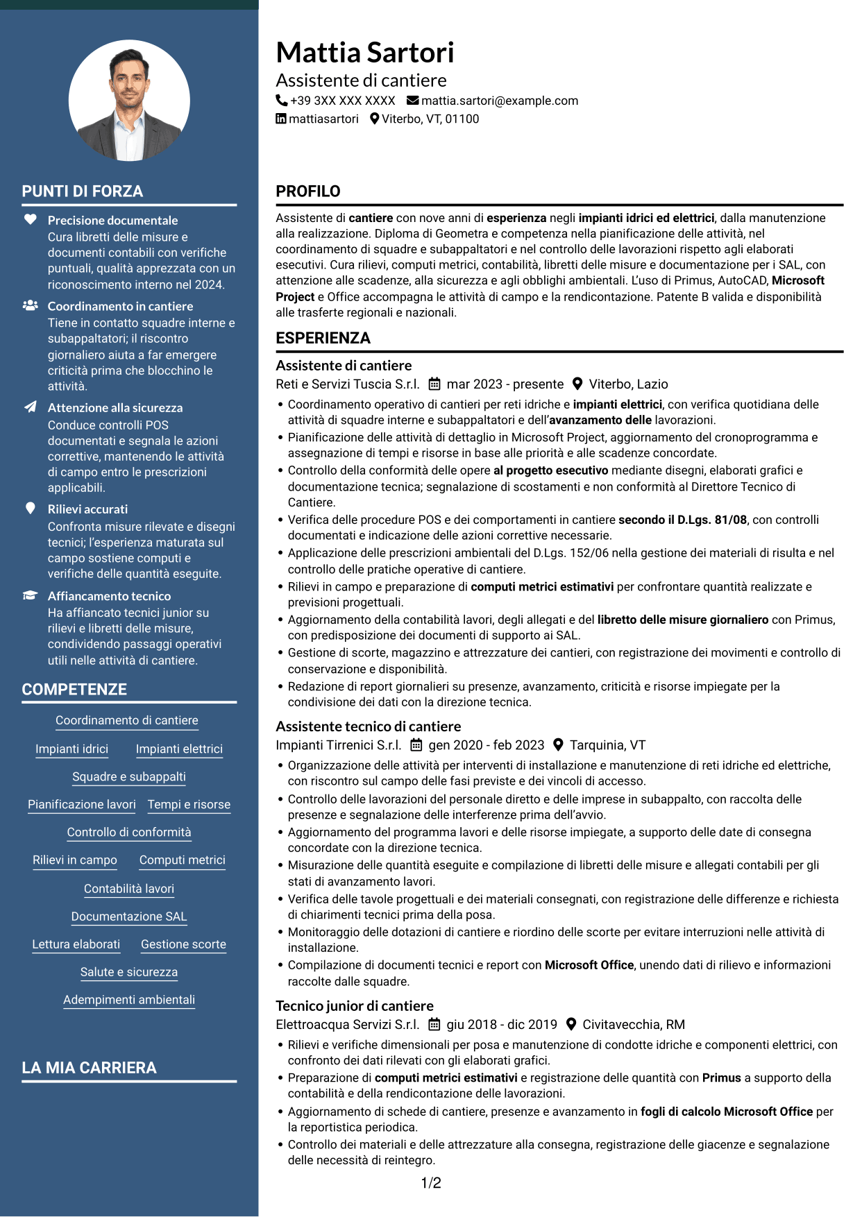 CV Elegante (formato con colonna laterale colorata e foto): Assistente di cantiere - Impianti idrici ed elettrici, pagina 1