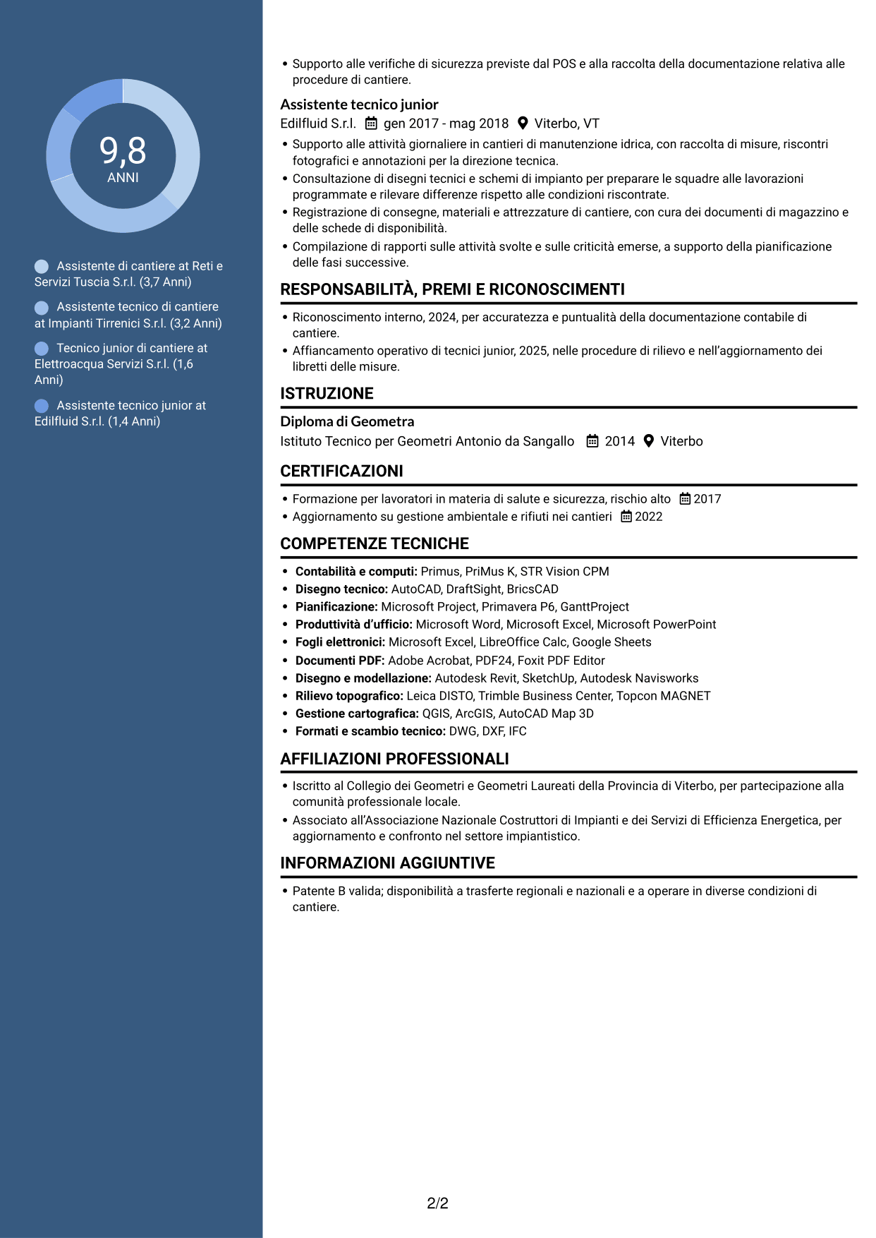 CV Elegante (formato con colonna laterale colorata e foto): Assistente di cantiere - Impianti idrici ed elettrici, pagina 2