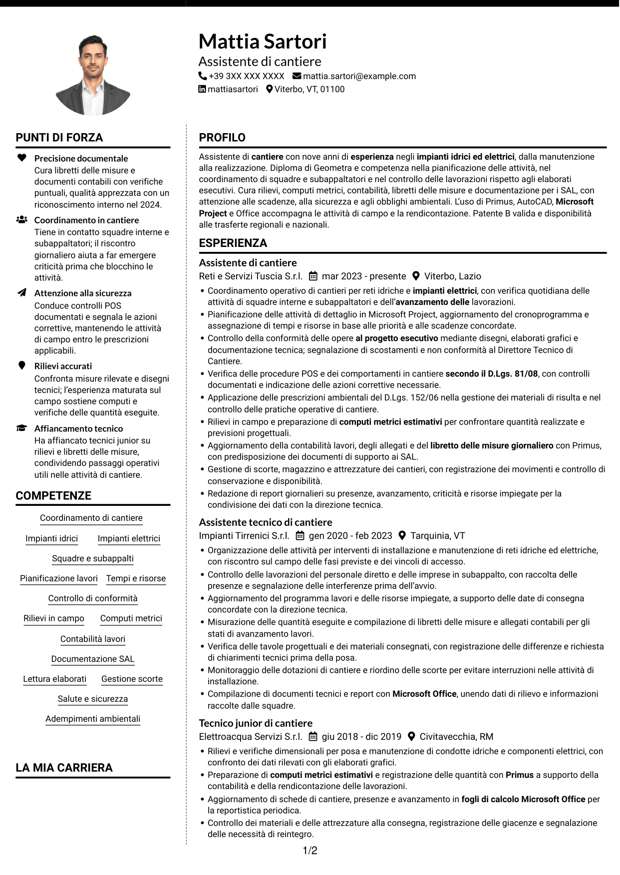 CV Moderno (formato a due colonne con foto a sinistra e separatore): Assistente di cantiere - Impianti idrici ed elettrici, pagina 1