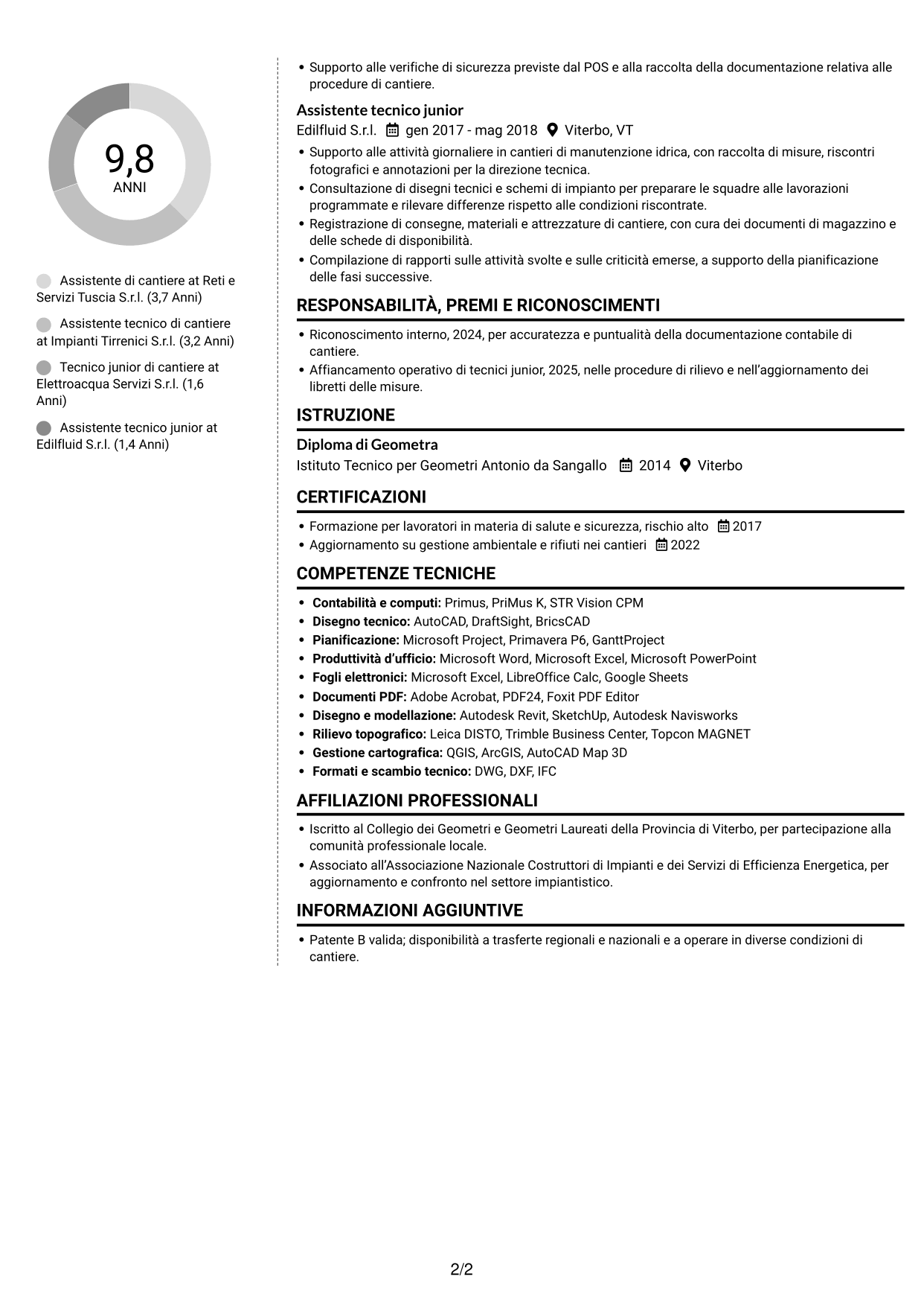 CV Moderno (formato a due colonne con foto a sinistra e separatore): Assistente di cantiere - Impianti idrici ed elettrici, pagina 2