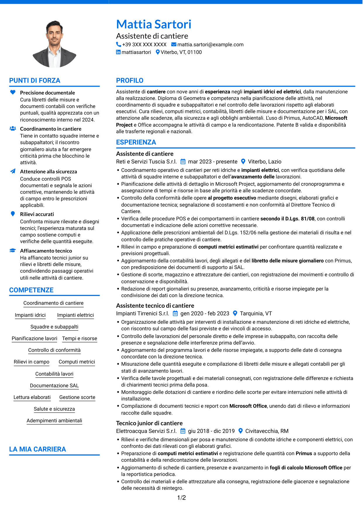 CV Audace (formato a due colonne con accenti colorati e foto): Assistente di cantiere - Impianti idrici ed elettrici, pagina 1