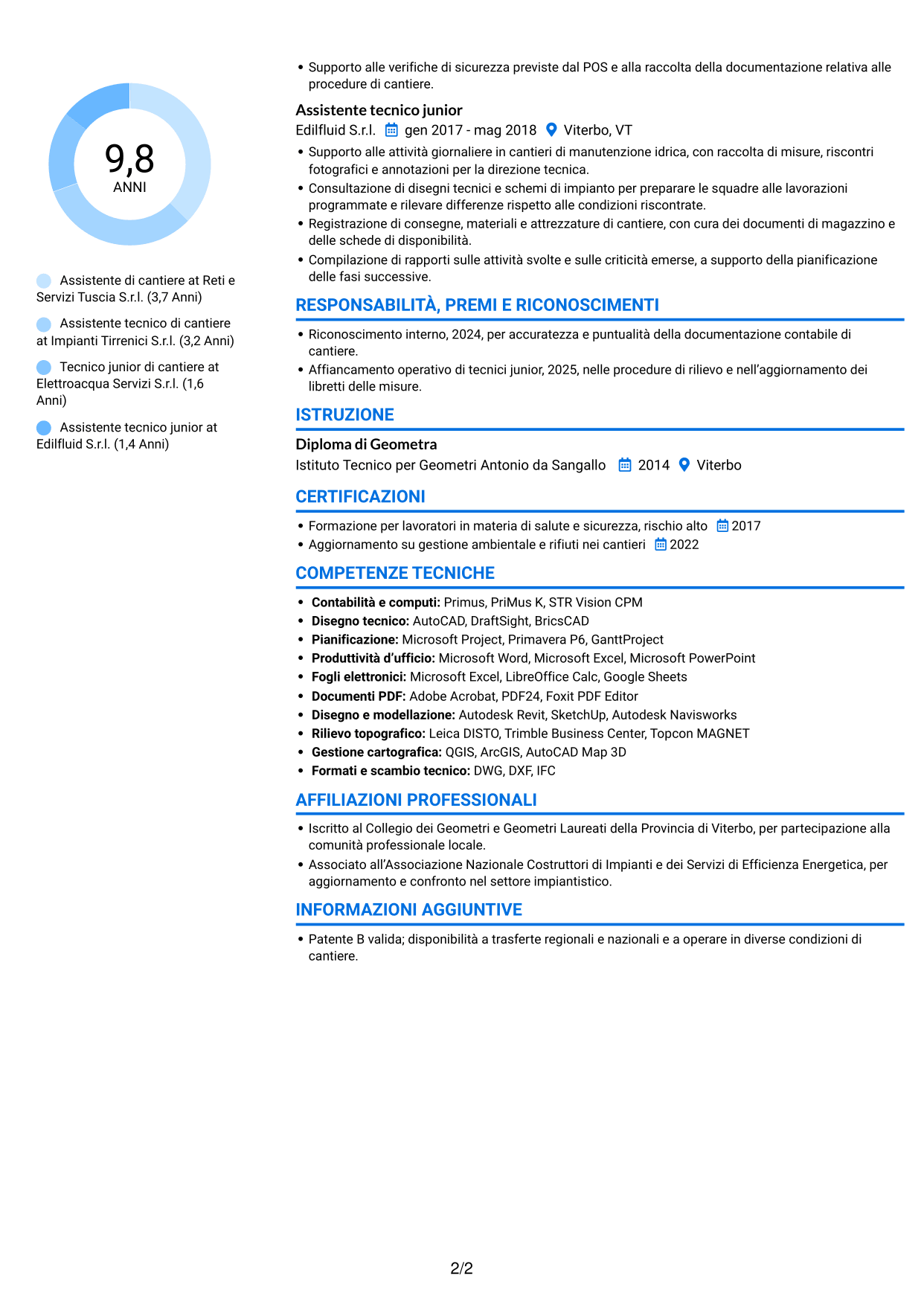 CV Audace (formato a due colonne con accenti colorati e foto): Assistente di cantiere - Impianti idrici ed elettrici, pagina 2