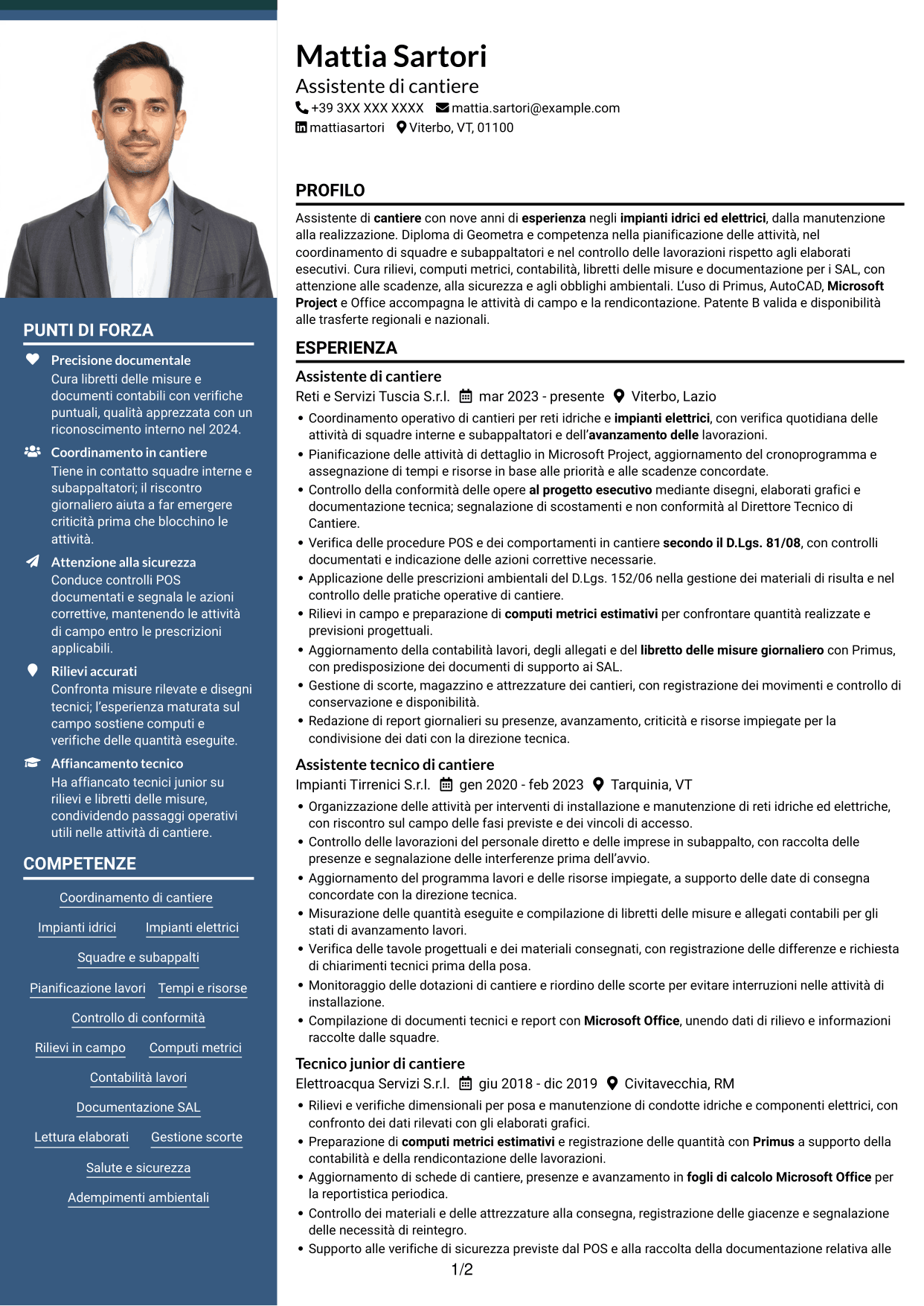 CV Signature (formato con colonna laterale colorata e foto grande): Assistente di cantiere - Impianti idrici ed elettrici, pagina 1