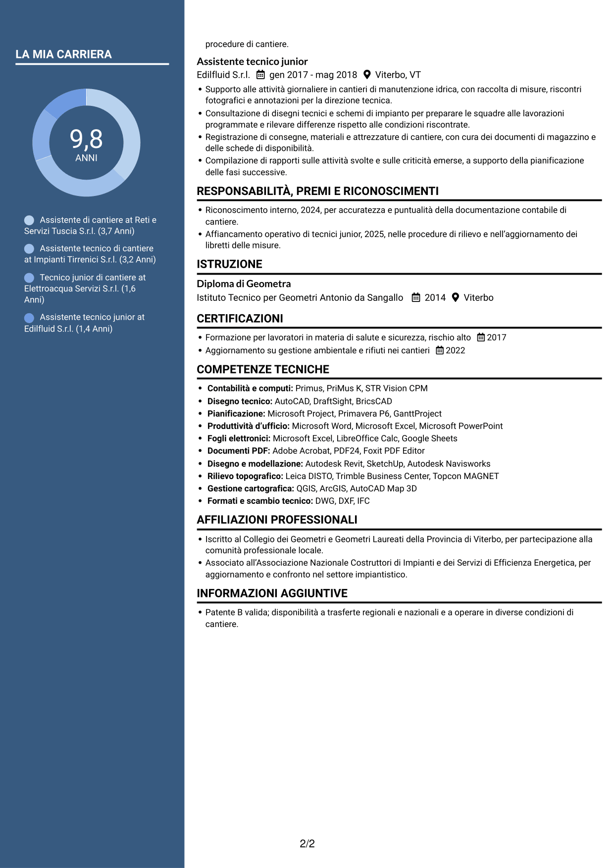 CV Signature (formato con colonna laterale colorata e foto grande): Assistente di cantiere - Impianti idrici ed elettrici, pagina 2