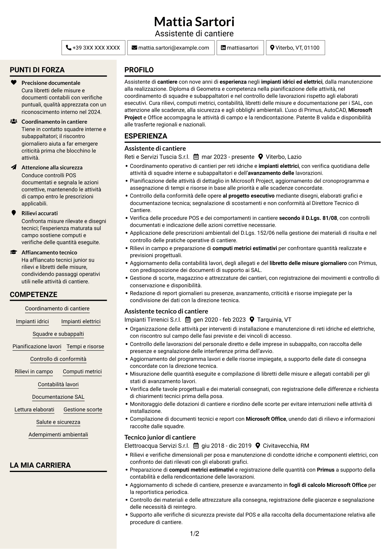 CV Intraprendente (formato a due colonne con intestazione centrata senza foto): Assistente di cantiere - Impianti idrici ed elettrici, pagina 1
