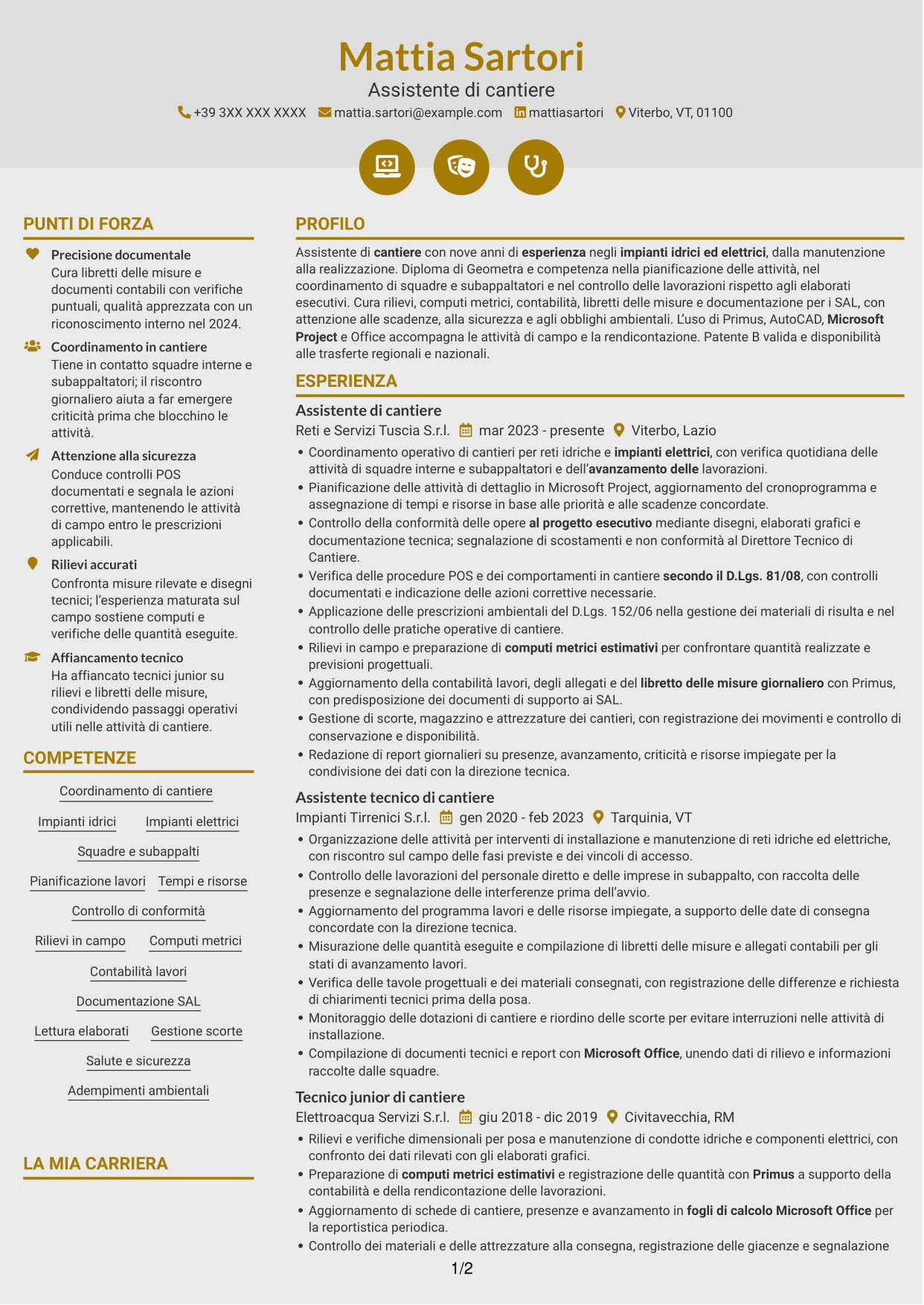 CV Dinamico (formato a due colonne con icone): Assistente di cantiere - Impianti idrici ed elettrici, pagina 1