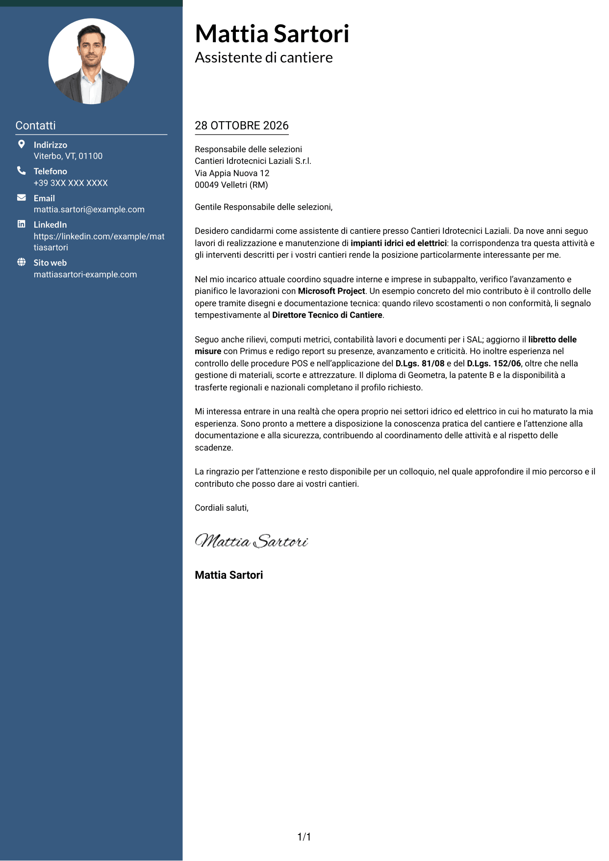 Lettera di presentazione Elegante (formato con colonna laterale colorata e foto): Assistente di cantiere - Impianti idrici ed elettrici, pagina 1