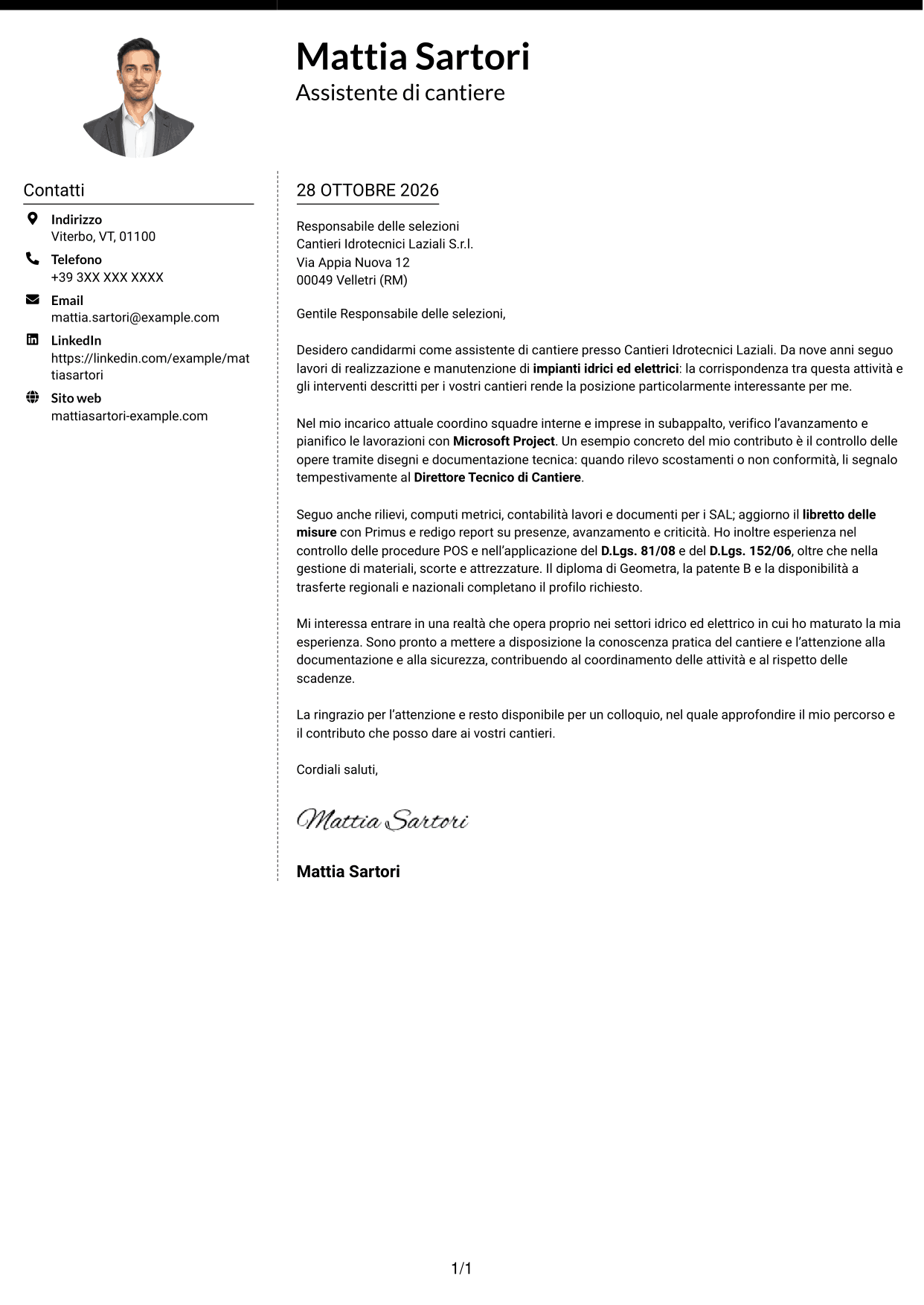 Lettera di presentazione Moderno (formato a due colonne con foto a sinistra e separatore): Assistente di cantiere - Impianti idrici ed elettrici, pagina 1