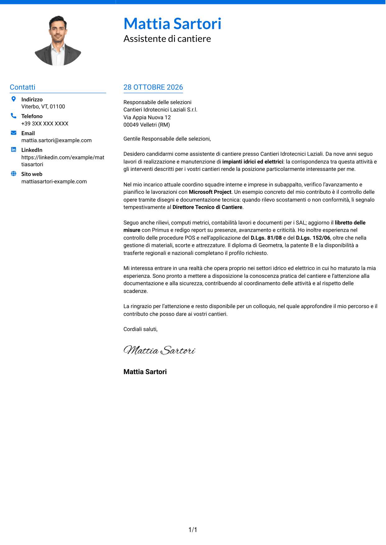 Lettera di presentazione Audace (formato a due colonne con accenti colorati e foto): Assistente di cantiere - Impianti idrici ed elettrici, pagina 1