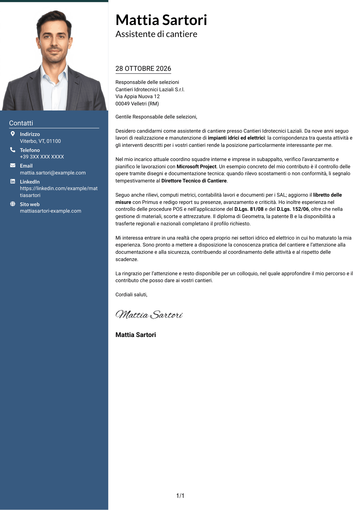 Lettera di presentazione Signature (formato con colonna laterale colorata e foto grande): Assistente di cantiere - Impianti idrici ed elettrici, pagina 1
