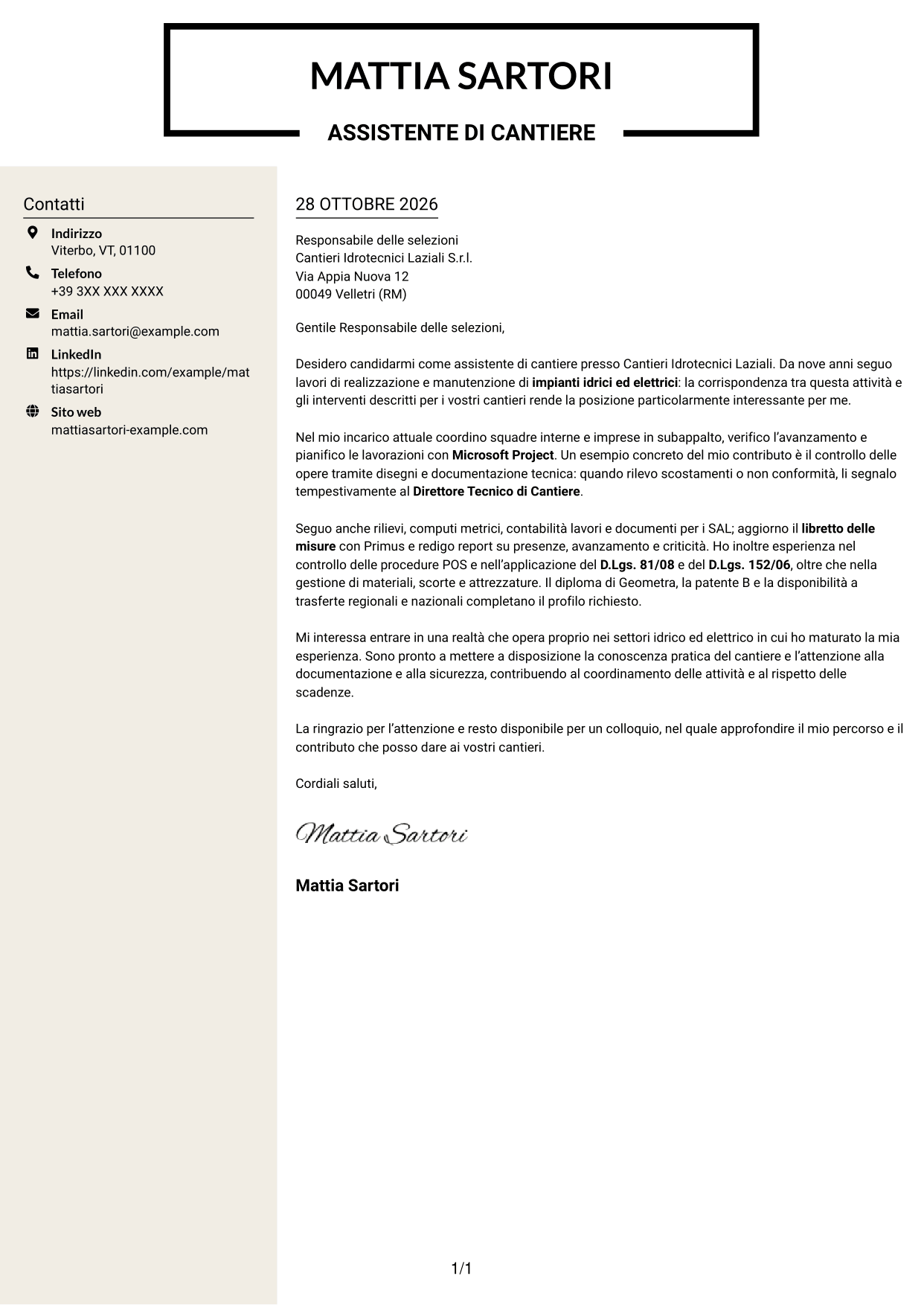 Lettera di presentazione Intraprendente (formato a due colonne con intestazione centrata senza foto): Assistente di cantiere - Impianti idrici ed elettrici, pagina 1