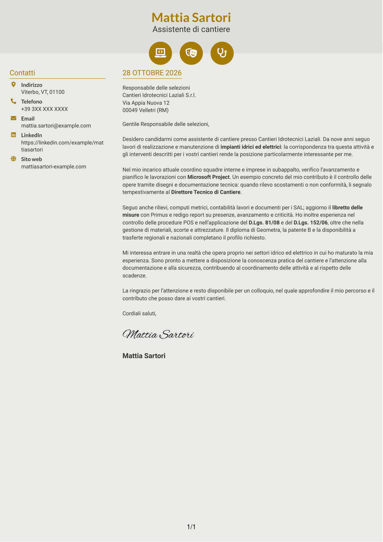 Lettera di presentazione Dinamico (formato a due colonne con icone): Assistente di cantiere - Impianti idrici ed elettrici, pagina 1