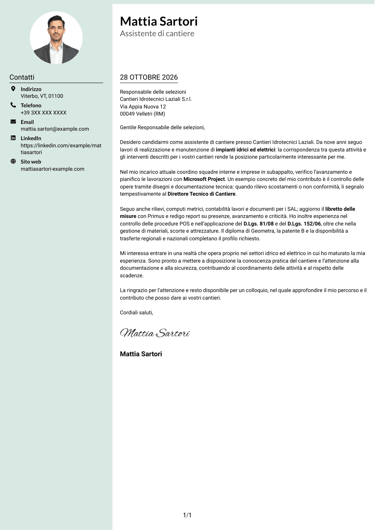 Lettera di presentazione Dirigente (formato con colonna laterale tenue e foto arrotondata): Assistente di cantiere - Impianti idrici ed elettrici, pagina 1