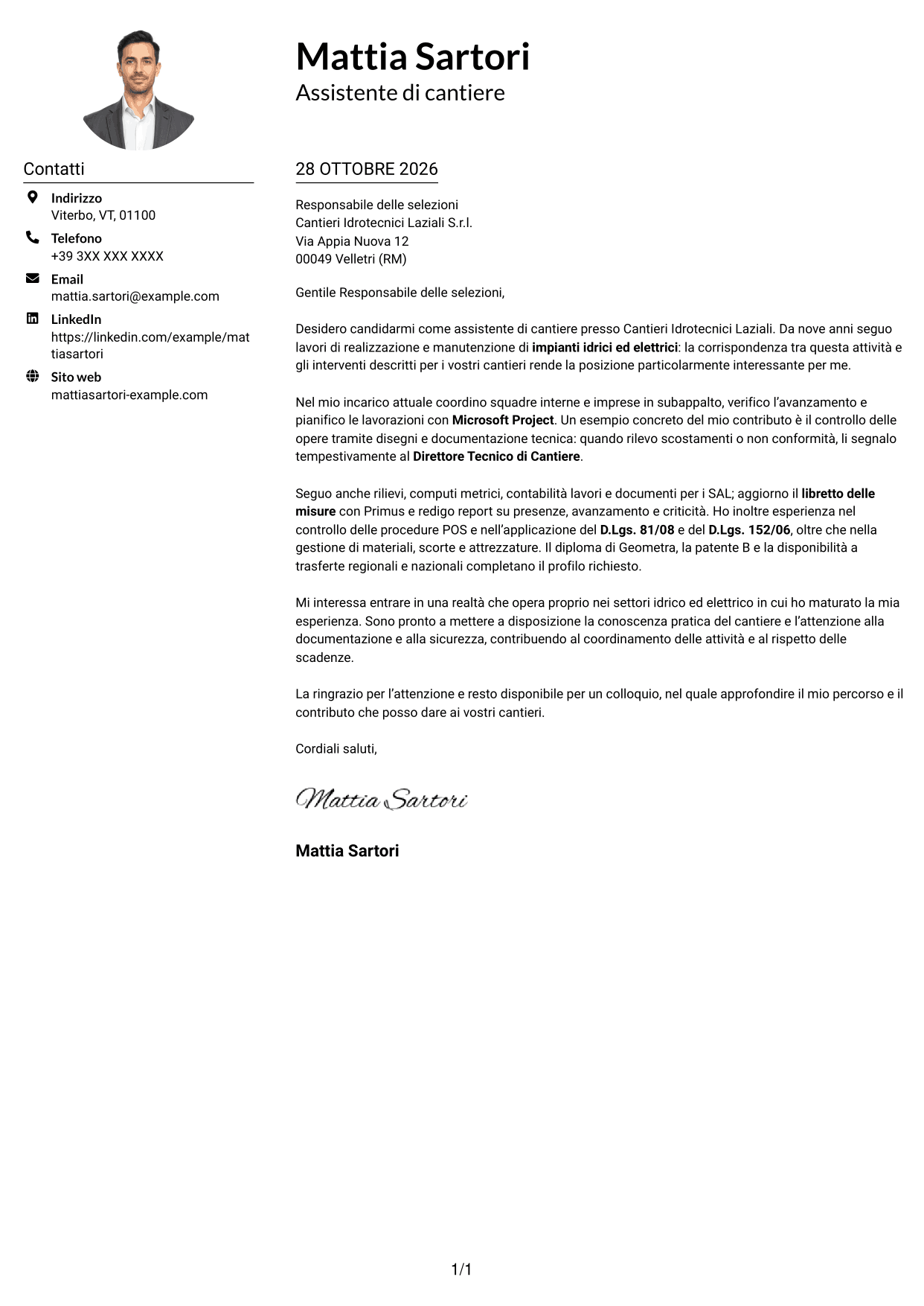 Esempio di lettera di presentazione — pagina 1