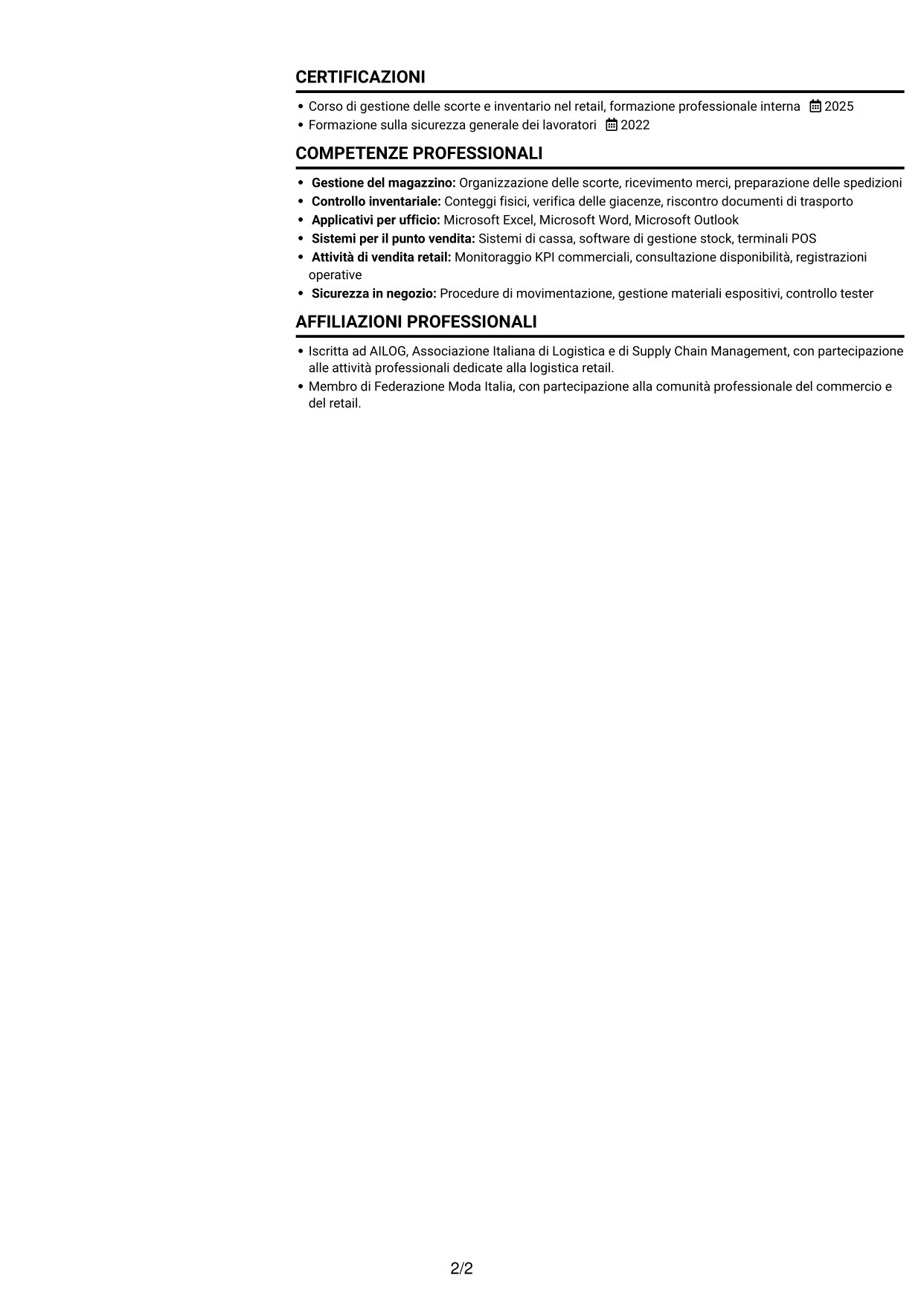 CV Compatto (formato sobrio a due colonne con foto): Assistente di magazzino retail - Ricevimento merci e inventario, pagina 2