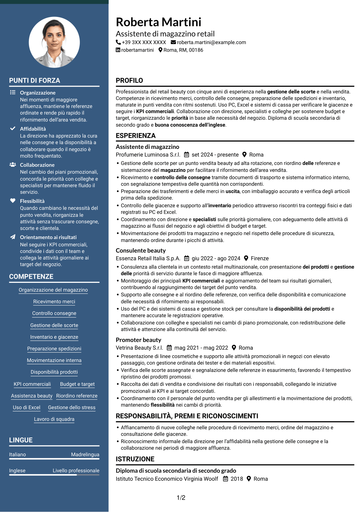 CV Elegante (formato con colonna laterale colorata e foto): Assistente di magazzino retail - Ricevimento merci e inventario, pagina 1