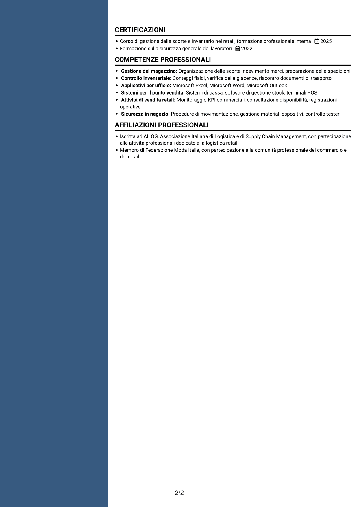 CV Elegante (formato con colonna laterale colorata e foto): Assistente di magazzino retail - Ricevimento merci e inventario, pagina 2