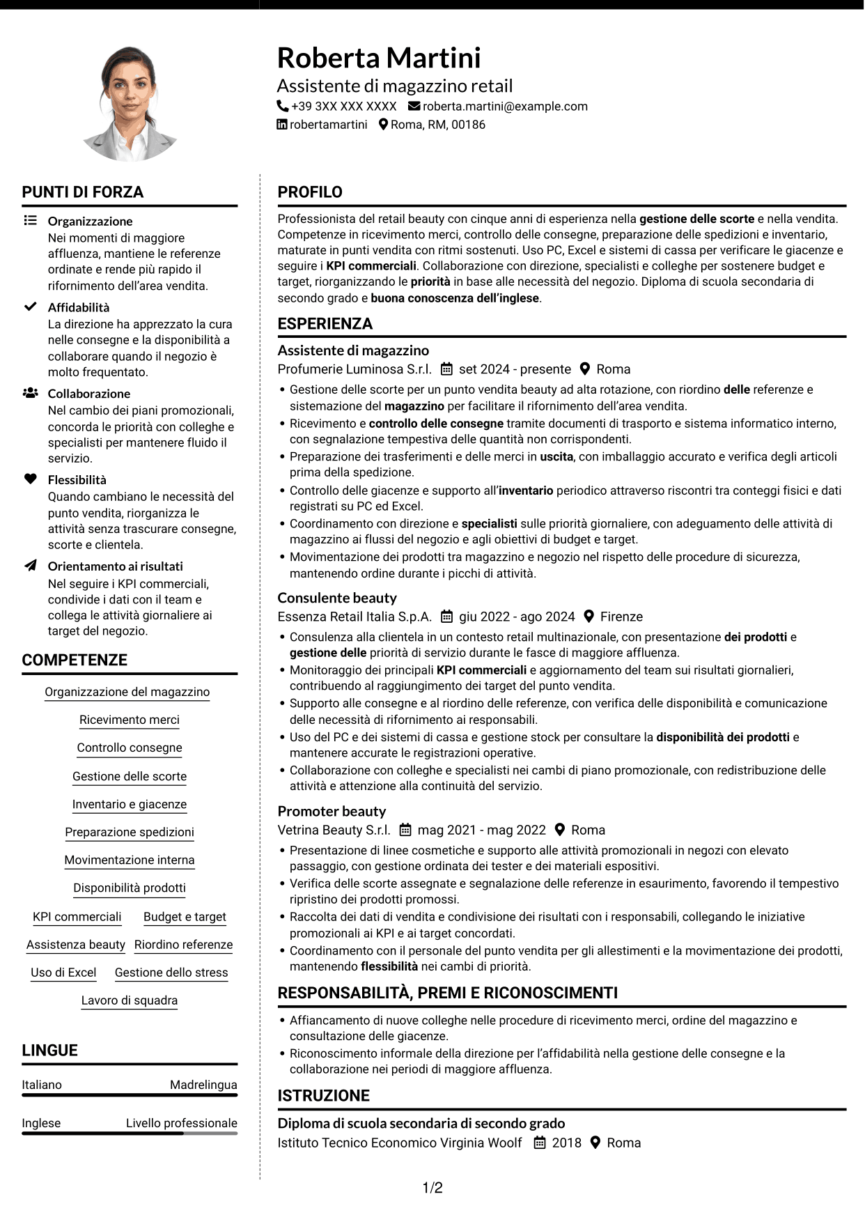 CV Moderno (formato a due colonne con foto a sinistra e separatore): Assistente di magazzino retail - Ricevimento merci e inventario, pagina 1